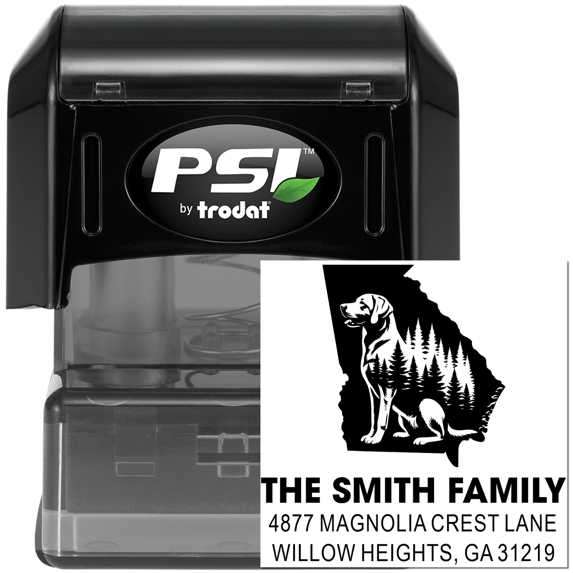 Custom self-inking address rubber stamp by PSI Trodat with Georgia dog family return address design for mailing.