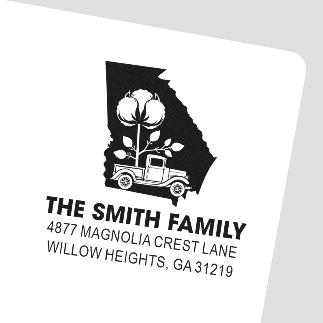 Custom family return address rubber stamp with Georgia outline, cotton flower, vintage truck, and Smith family name.