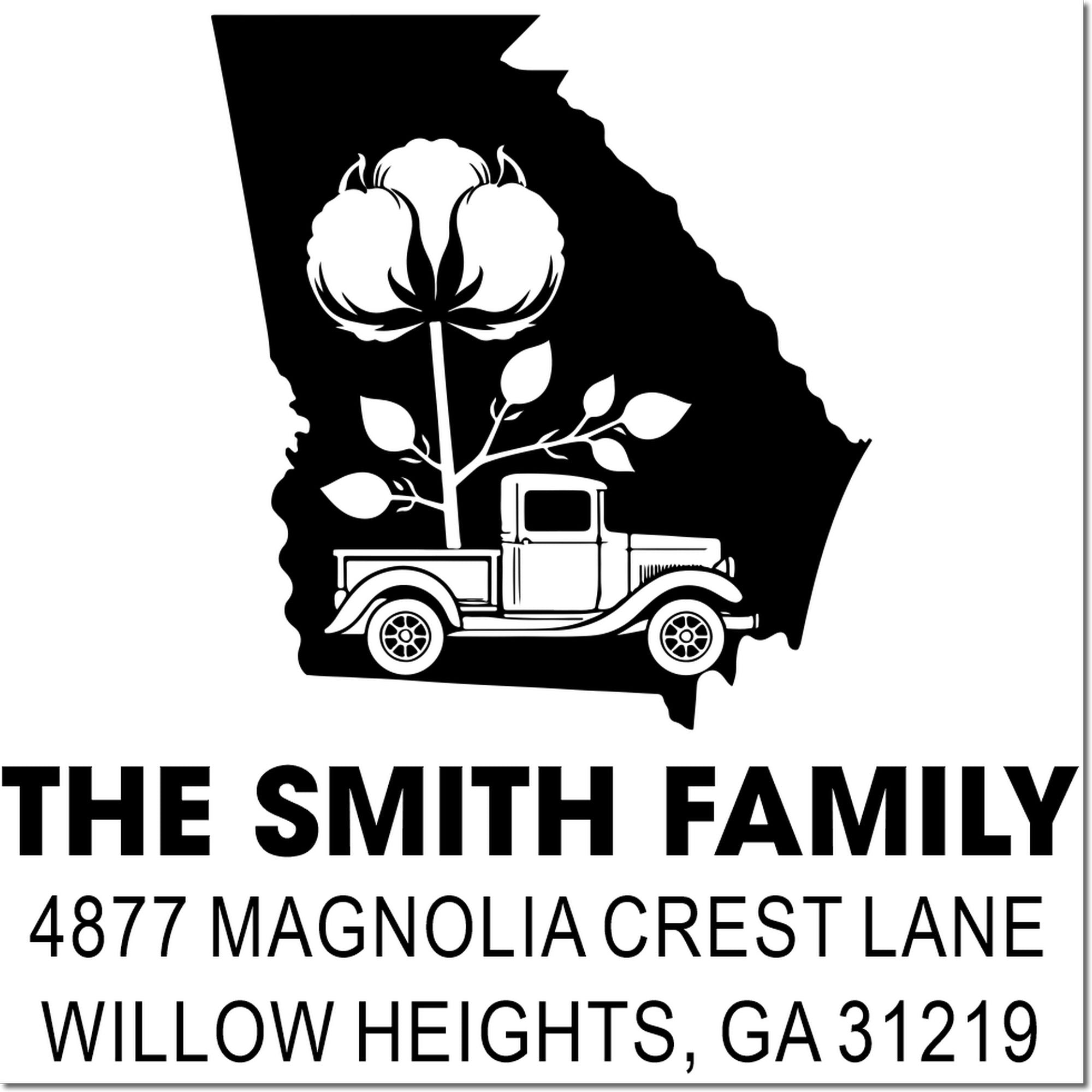 Custom Georgia return address rubber stamp with vintage truck, cotton flower, The Smith Family, Willow Heights, GA 31219.