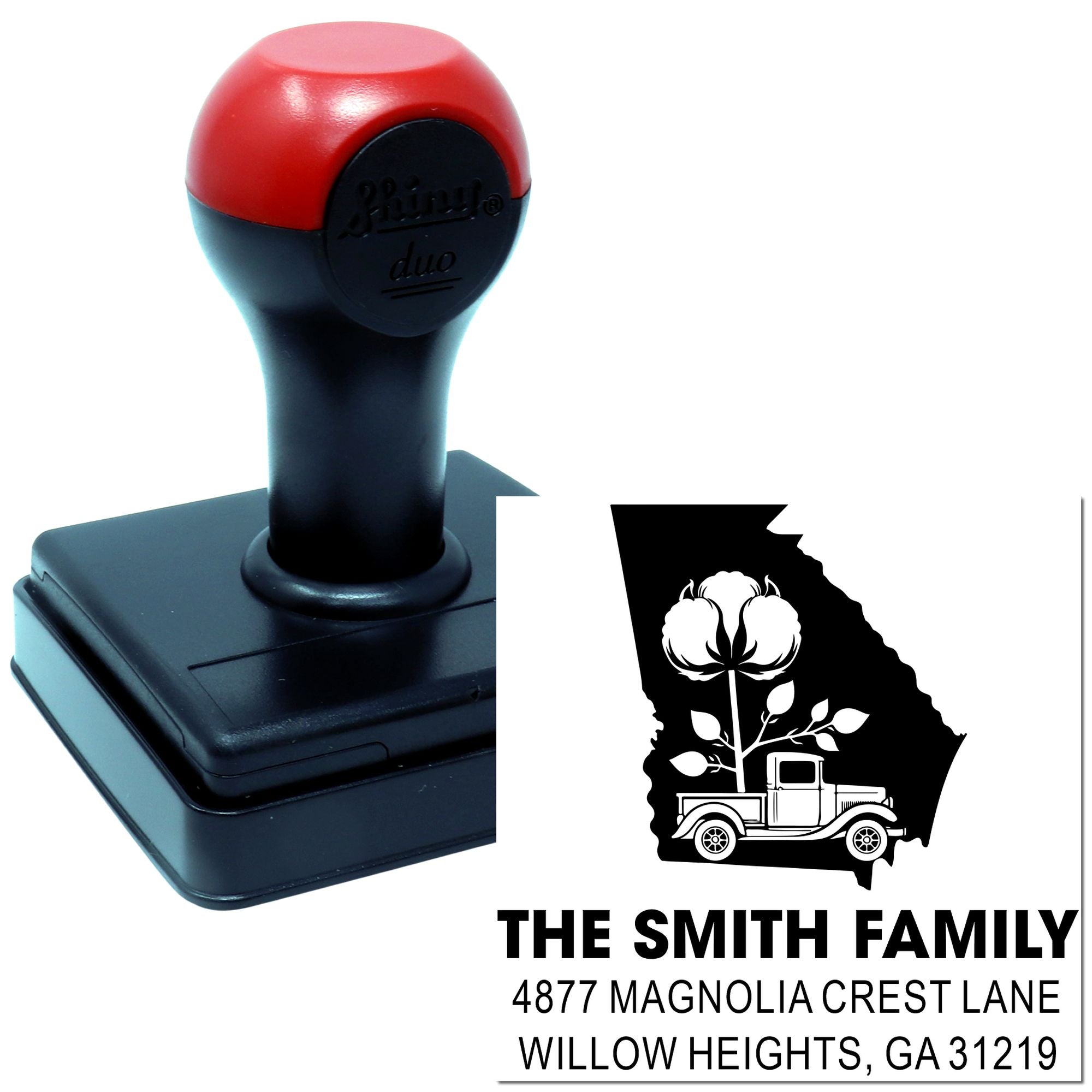 Custom self-inking rubber stamp with Georgia return address design, cotton and vintage truck, for personalized family mailing.