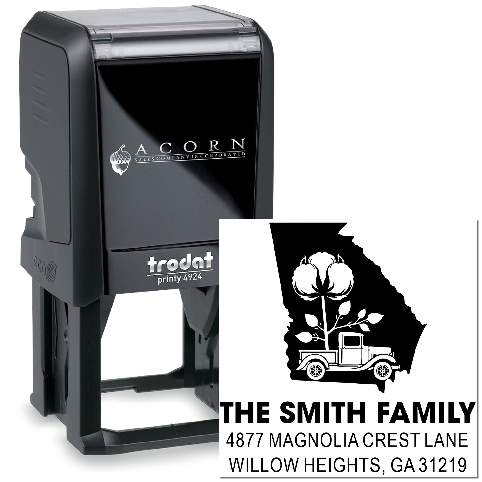 Custom self-inking rubber stamp with Georgia family return address design for The Smith Family mailing labels.