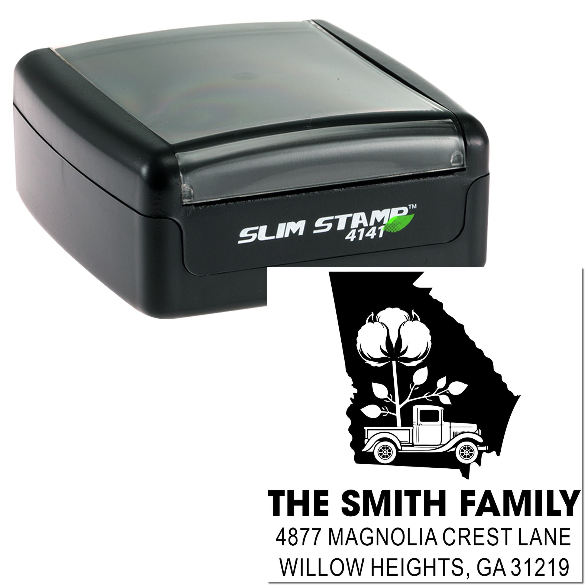 Custom self-inking return address rubber stamp with Georgia family name and address, Slim Stamp 4141