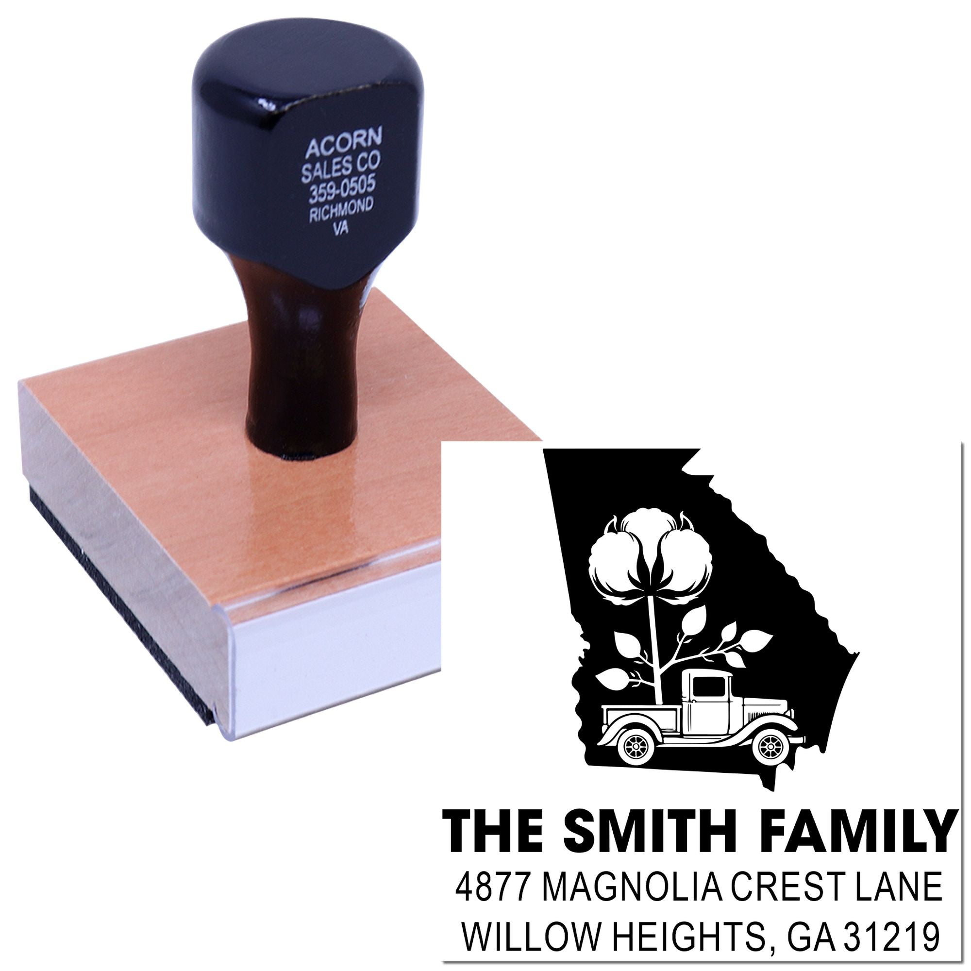 Self-inking custom rubber stamp with personalized family return address imprint and Georgia state design.