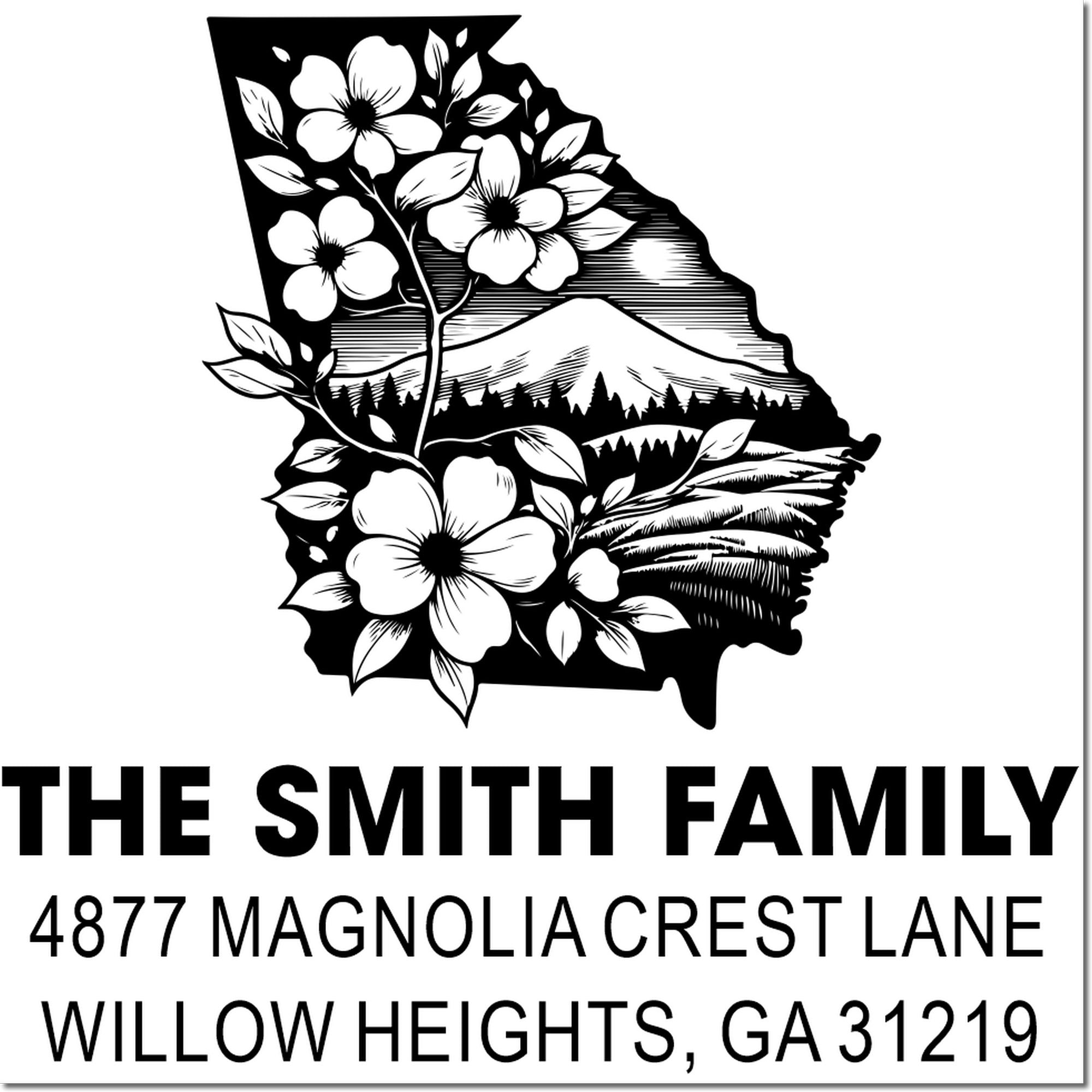 Custom Smith family address rubber stamp with Georgia floral state silhouette and mountain landscape design