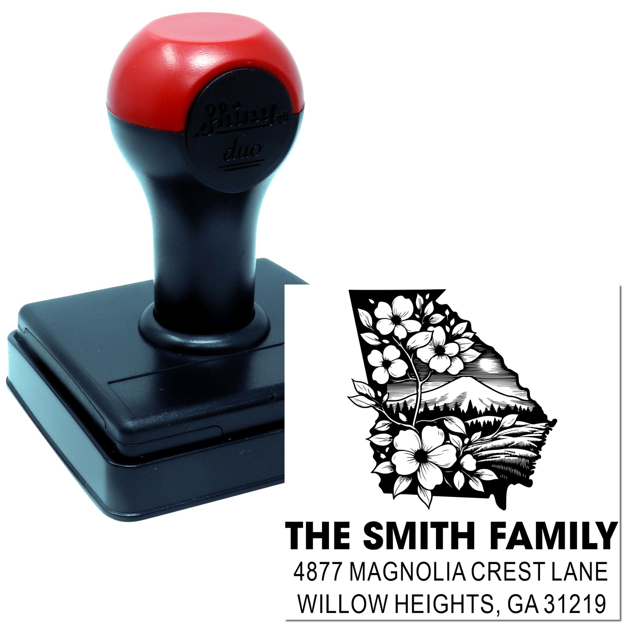 Custom self-inking rubber address stamp for The Smith Family with decorative floral state design and return address.