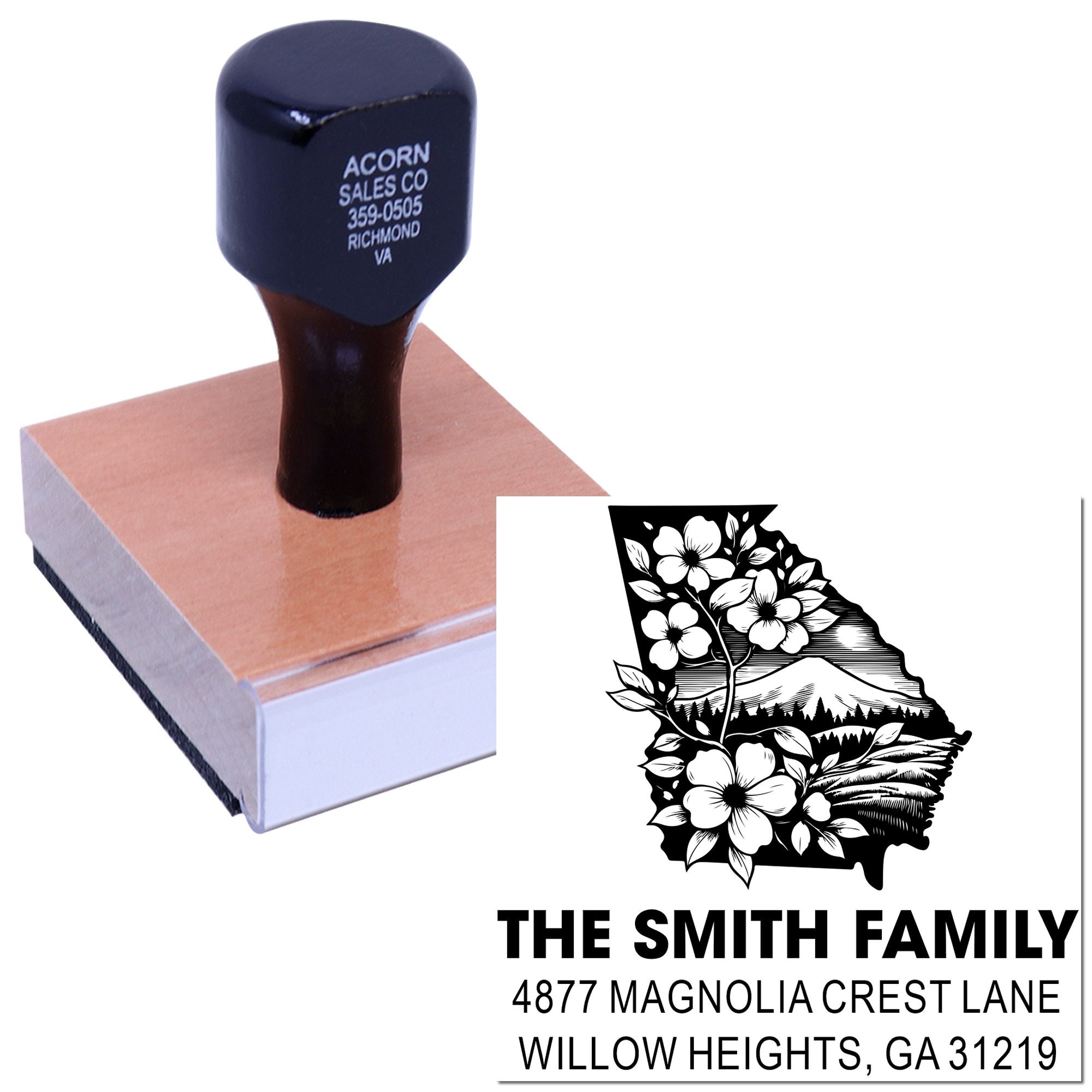 Custom family return address rubber stamp with floral Georgia state design and personalized address imprint