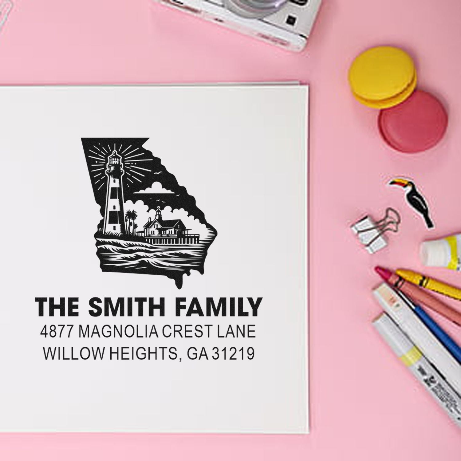 Custom rubber return address stamp with Georgia lighthouse design, personalized for The Smith Family, 4877 Magnolia Crest Lane.