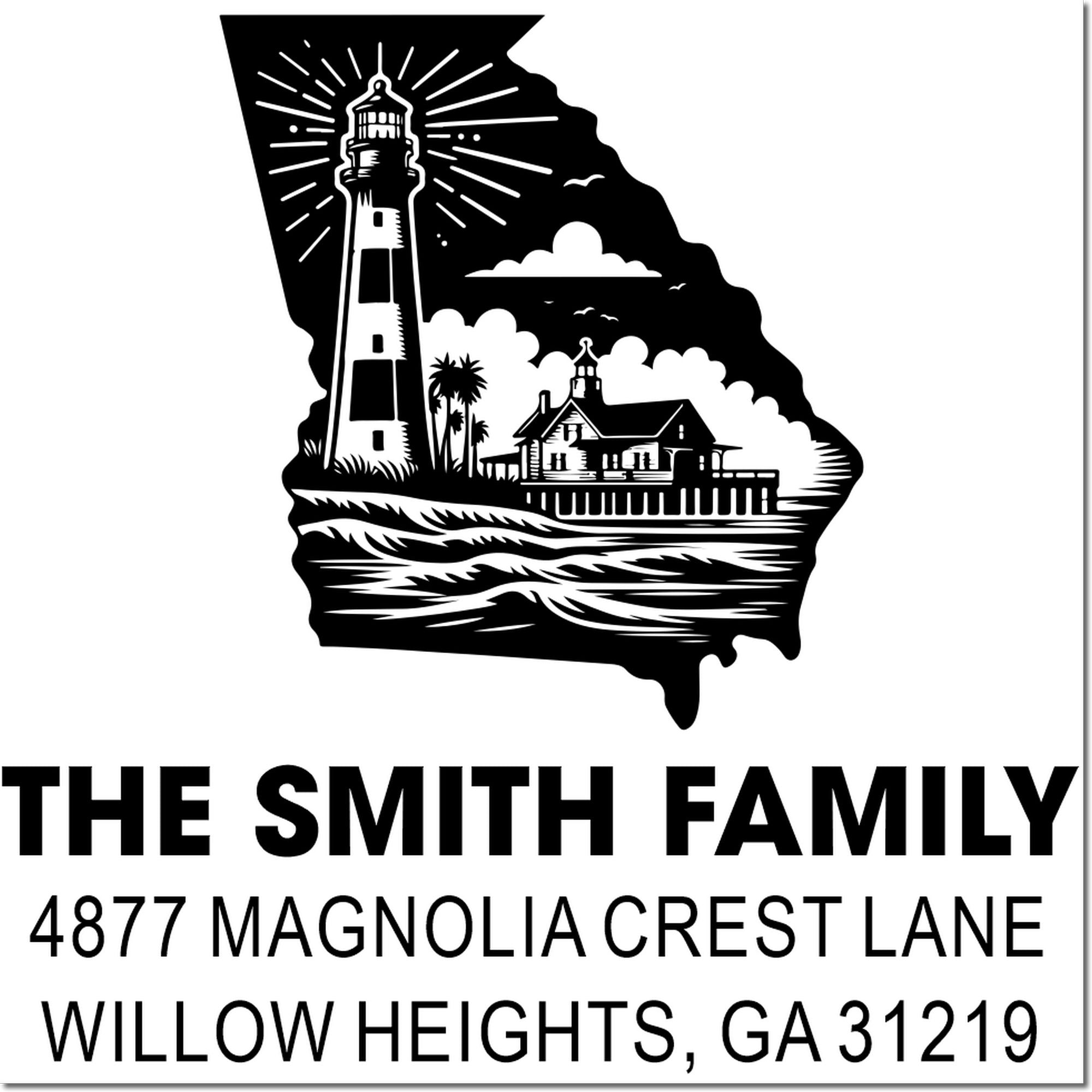 Custom Georgia lighthouse return address rubber stamp for The Smith Family, Willow Heights, GA