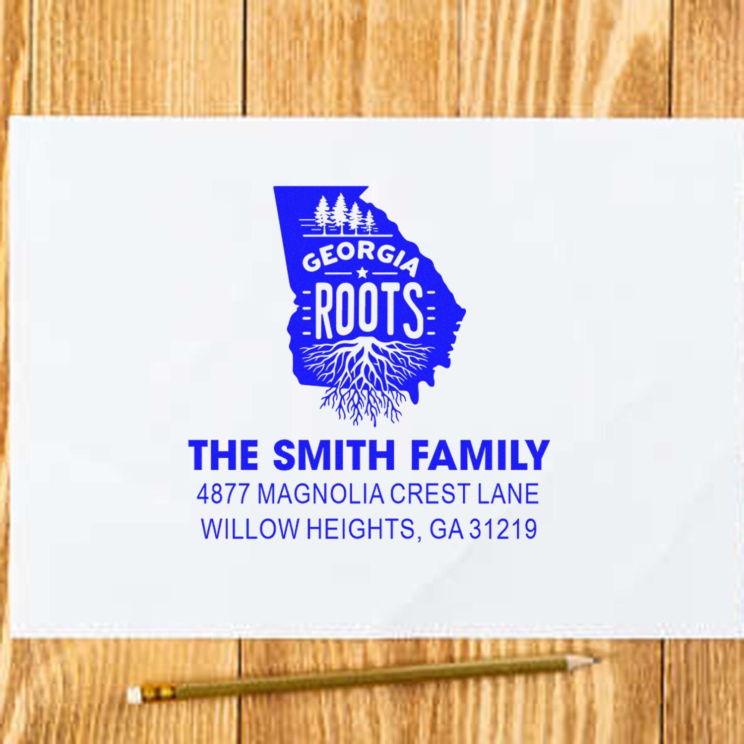 Custom Georgia Roots return address rubber stamp for The Smith Family, Willow Heights, GA 31219.
