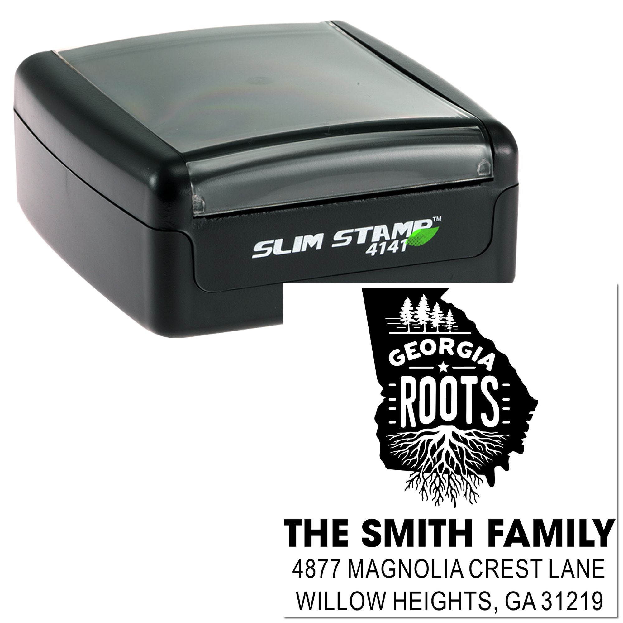 Slim self-inking rubber stamp with personalized Georgia Roots return address design for custom family mailing labels.