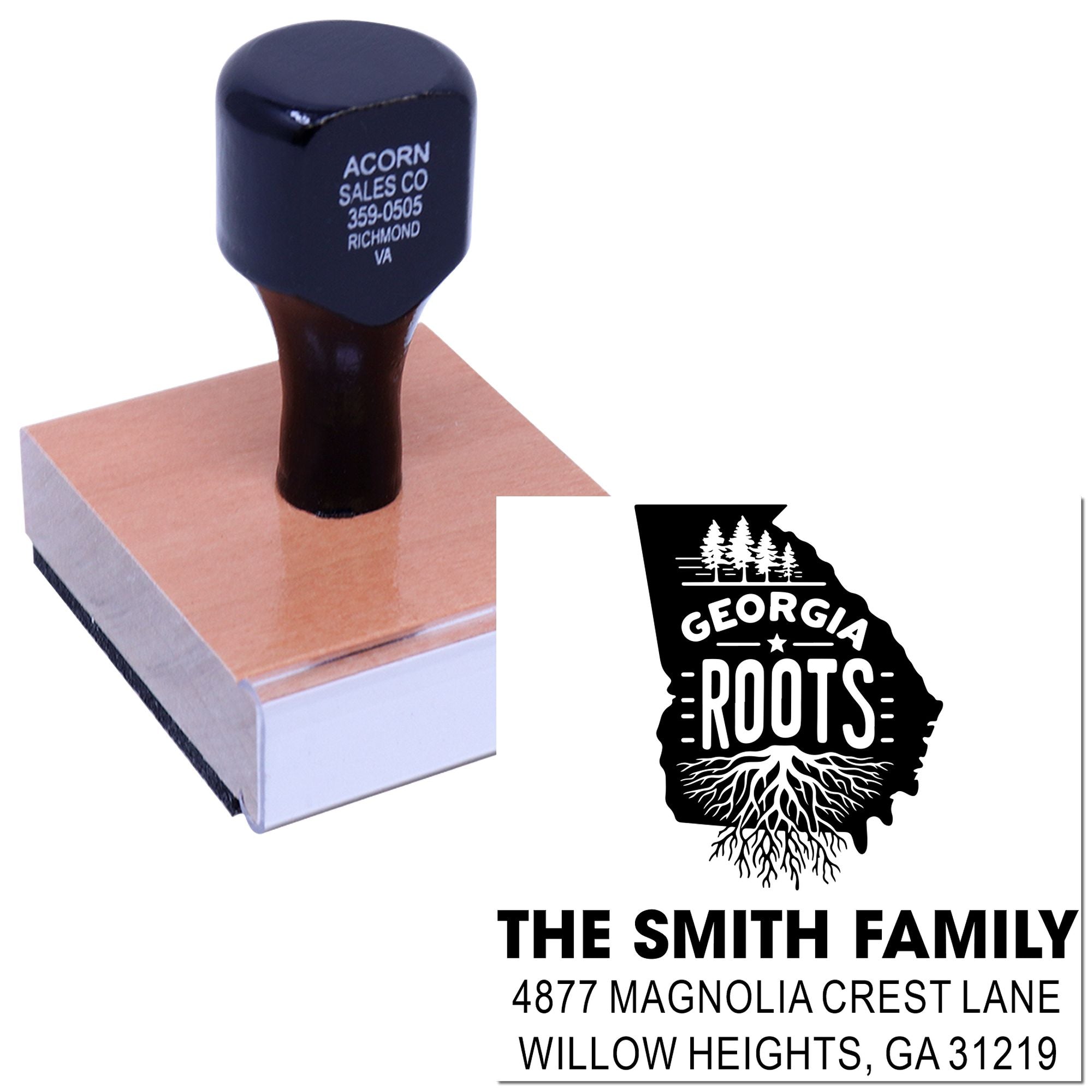 Custom Georgia Roots rubber address stamp for The Smith Family with personalized return address and ZIP code.