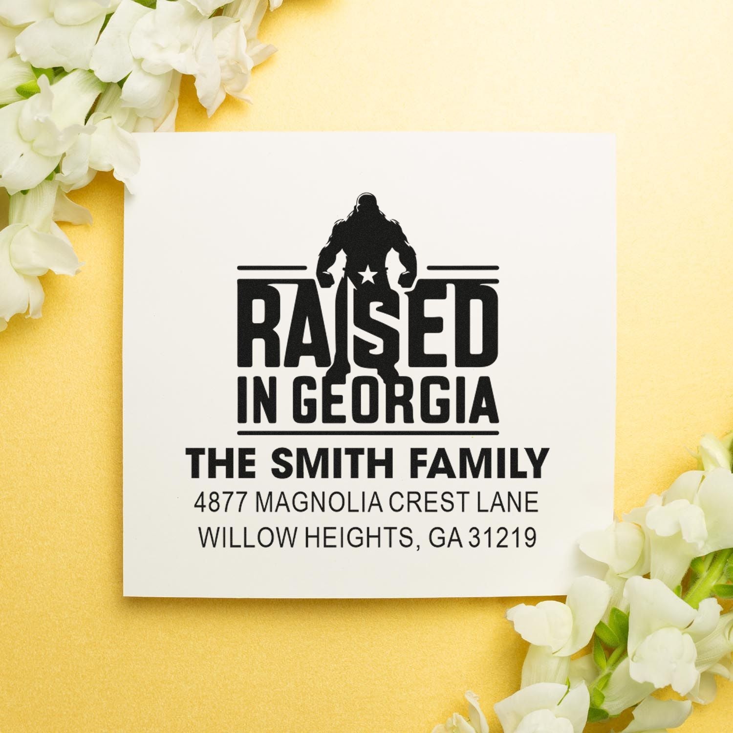 Personalized Raised in Georgia rubber stamp for The Smith Family with custom address and Bigfoot silhouette.