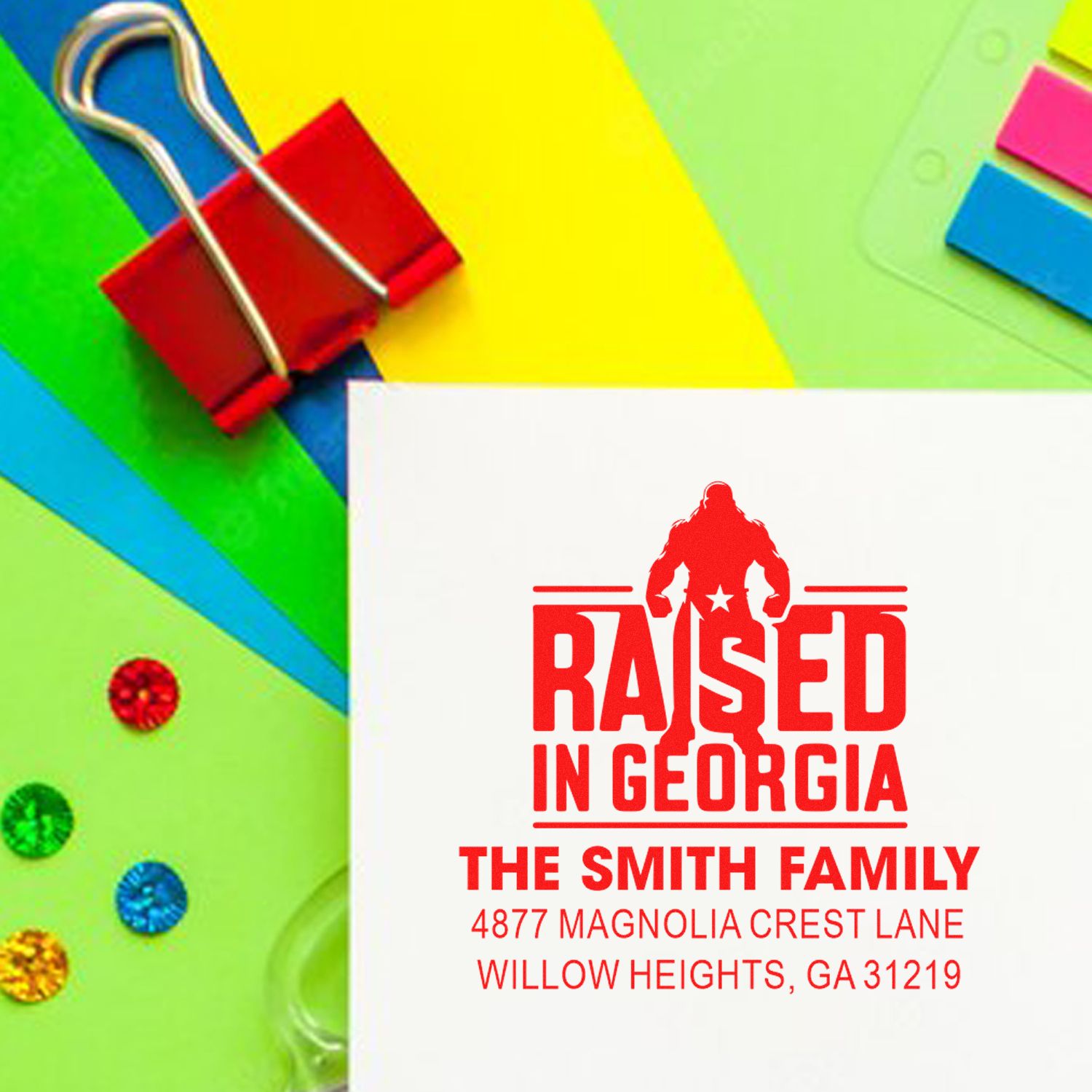 Custom Raised in Georgia rubber stamp imprint with The Smith Family name and Georgia address.