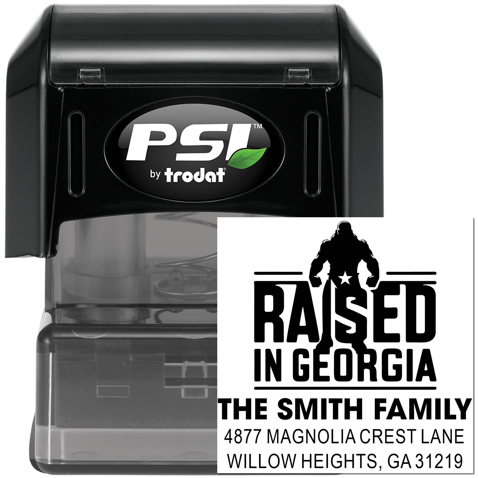 PSI by Trodat self-inking custom rubber stamp with Raised in Georgia family address design for personalized mailing labels