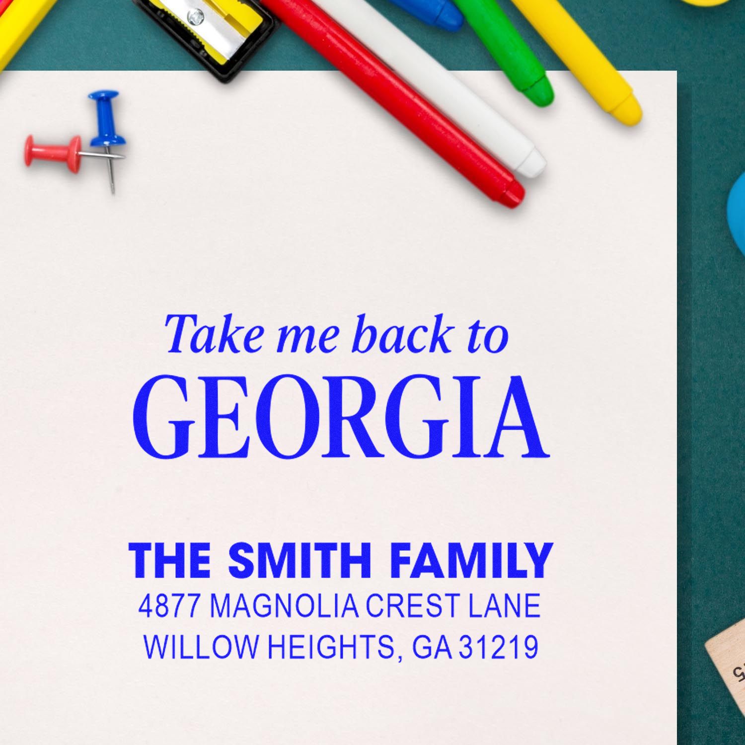 Custom Georgia return address rubber stamp with Take me back to Georgia and Smith Family details for personalized mail.