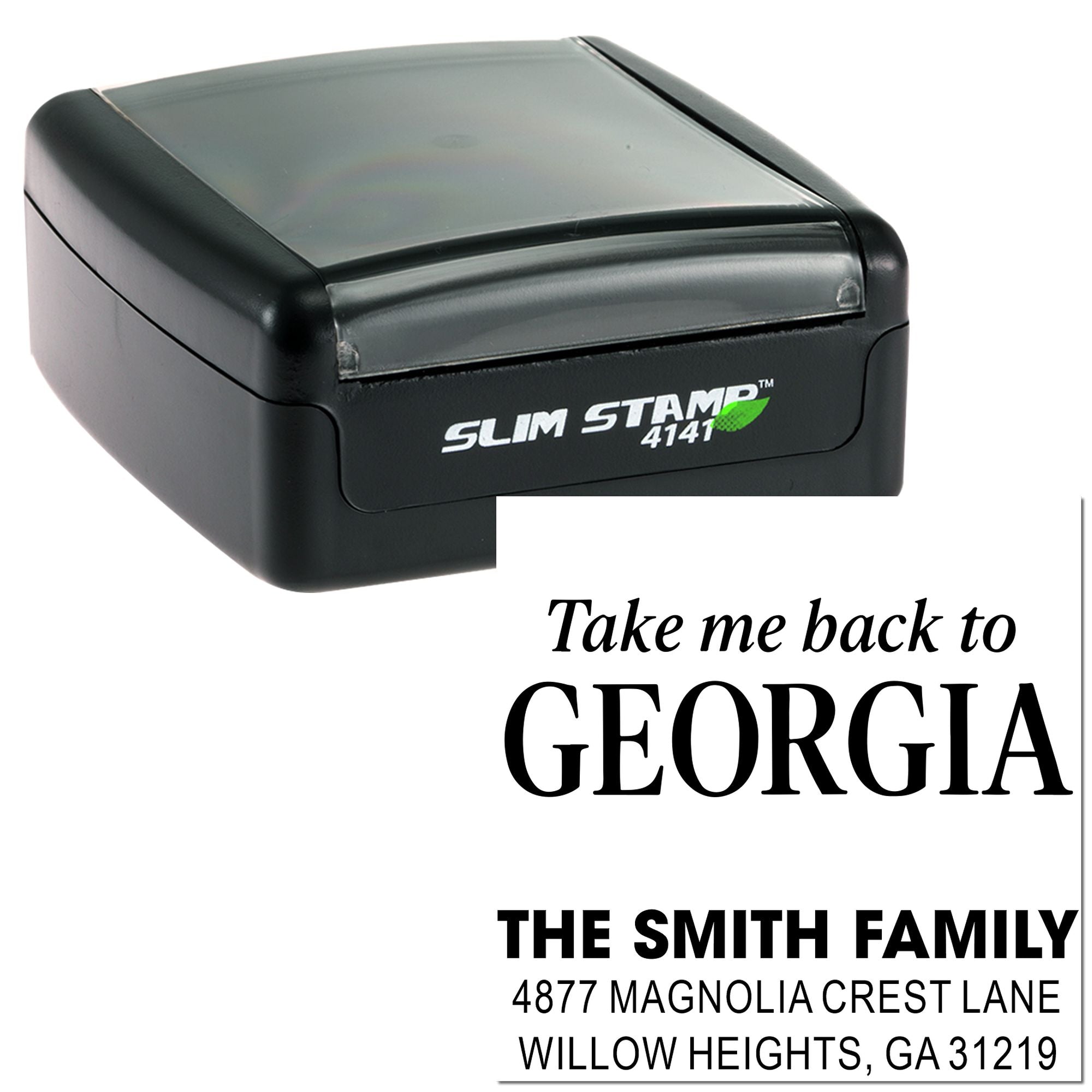 Custom self-inking rubber stamp with Georgia family return address design for personalized mailing.