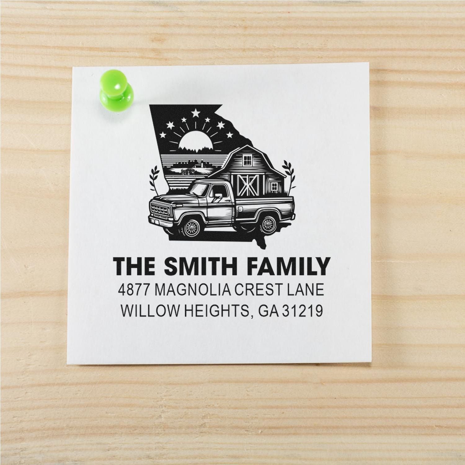 Personalized family address rubber stamp with state outline, truck and barn design for mailing and return envelopes.