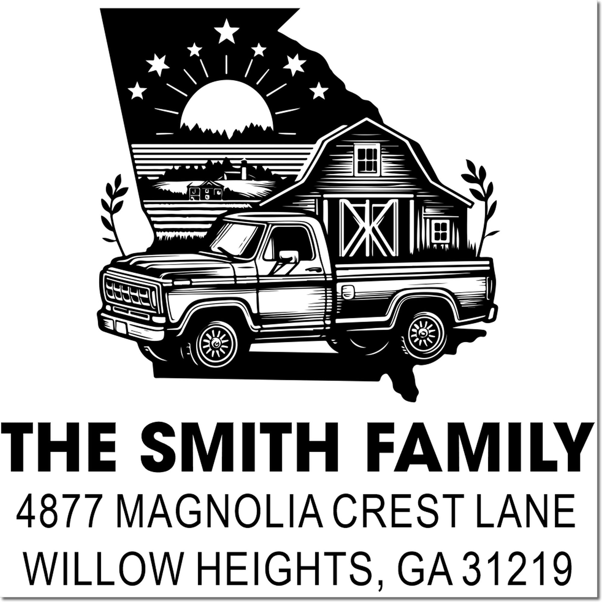 Custom return address rubber stamp for The Smith Family in Willow Heights, GA, with farmhouse truck and barn design.