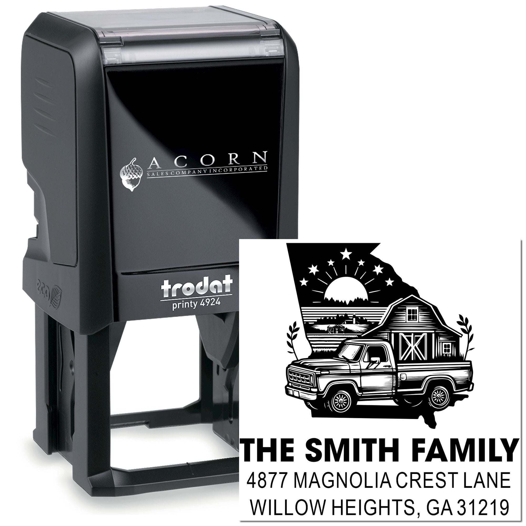 Custom self-inking rubber address stamp, Trodat Printy 4924, with farmhouse truck design and family mailing address.