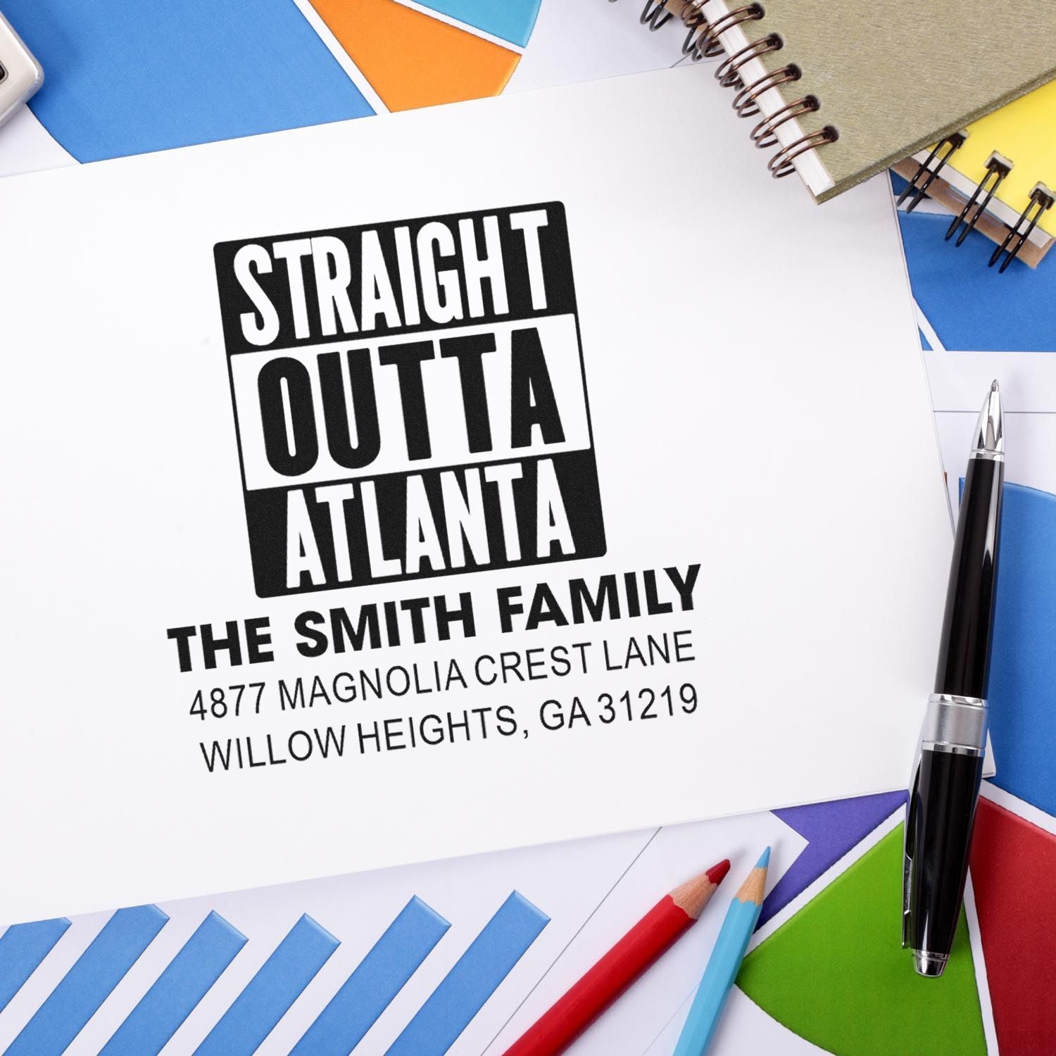 Custom rubber return address stamp with Straight Outta Atlanta design for The Smith Family in Willow Heights, GA.
