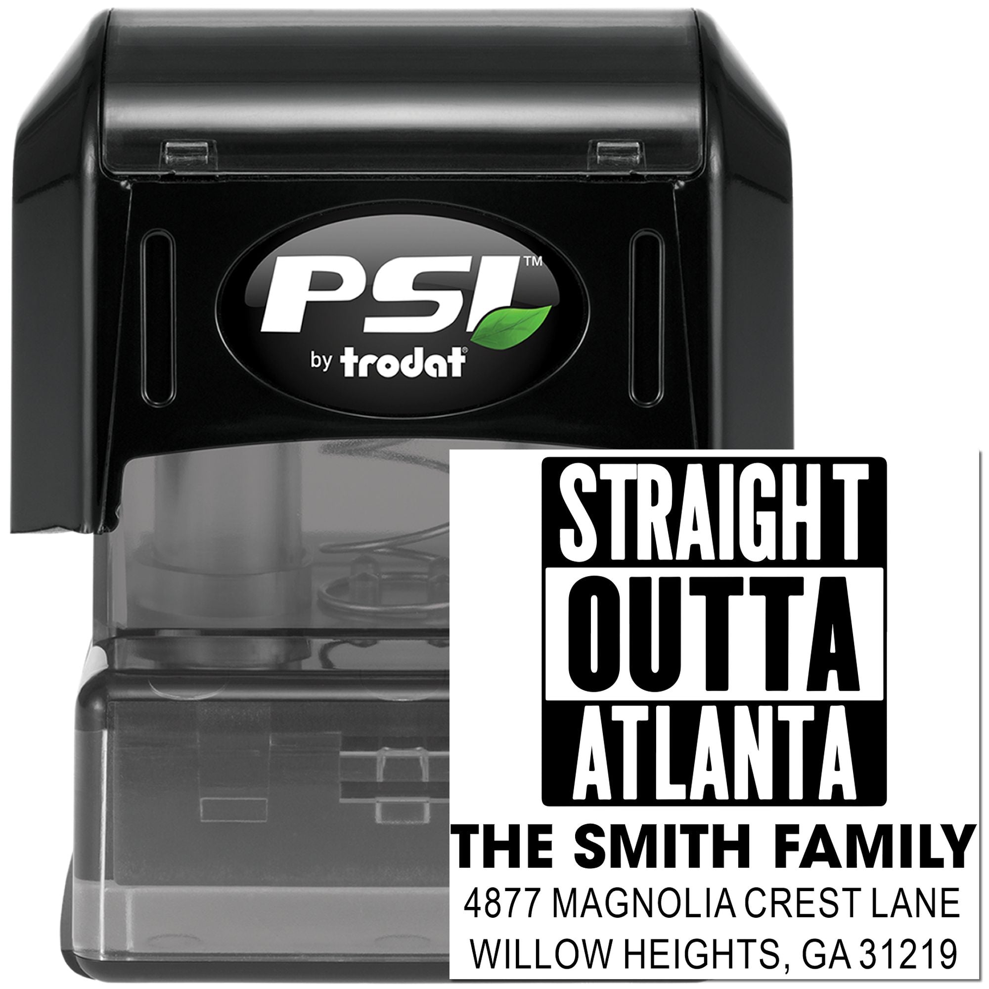 Custom self-inking rubber stamp with Straight Outta Atlanta return address design, personalized for The Smith Family.