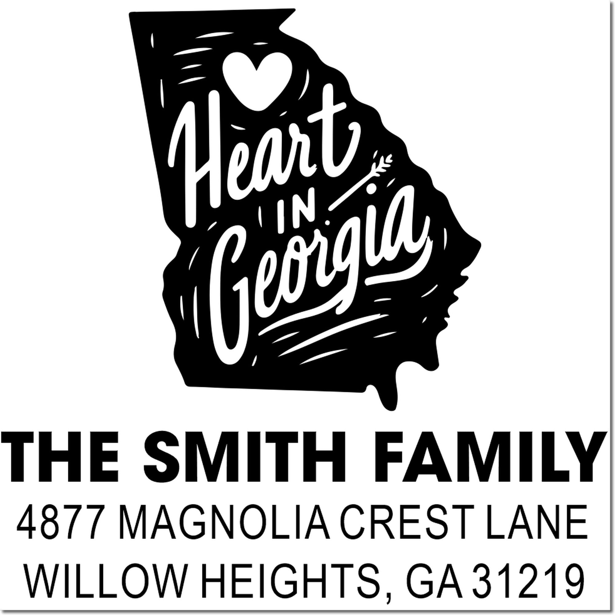 Personalized Georgia return address rubber stamp with Heart in Georgia design for The Smith Family, Willow Heights, GA 31219.