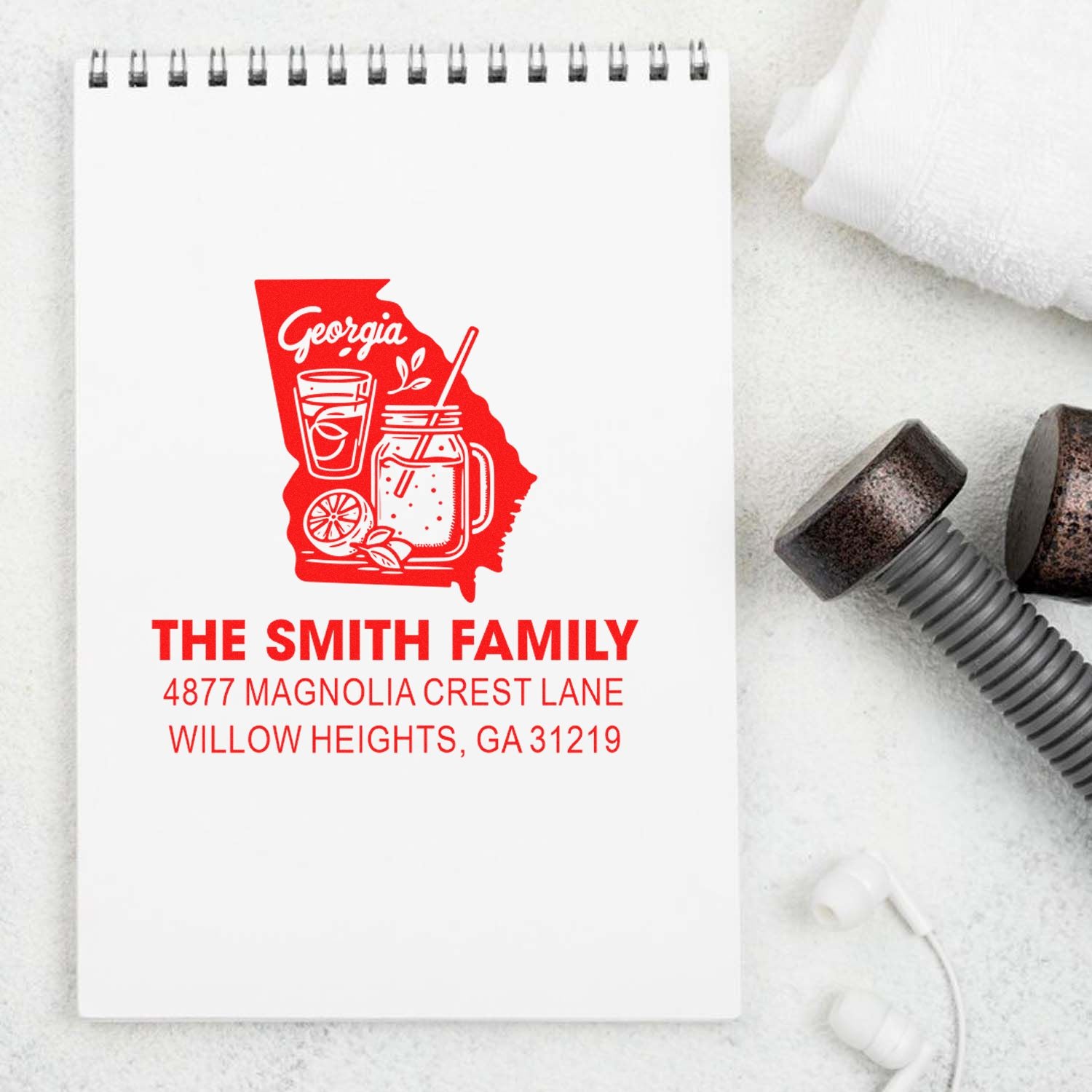 Custom Georgia family address rubber stamp with citrus drink design for personalized mailing and housewarming gifts.