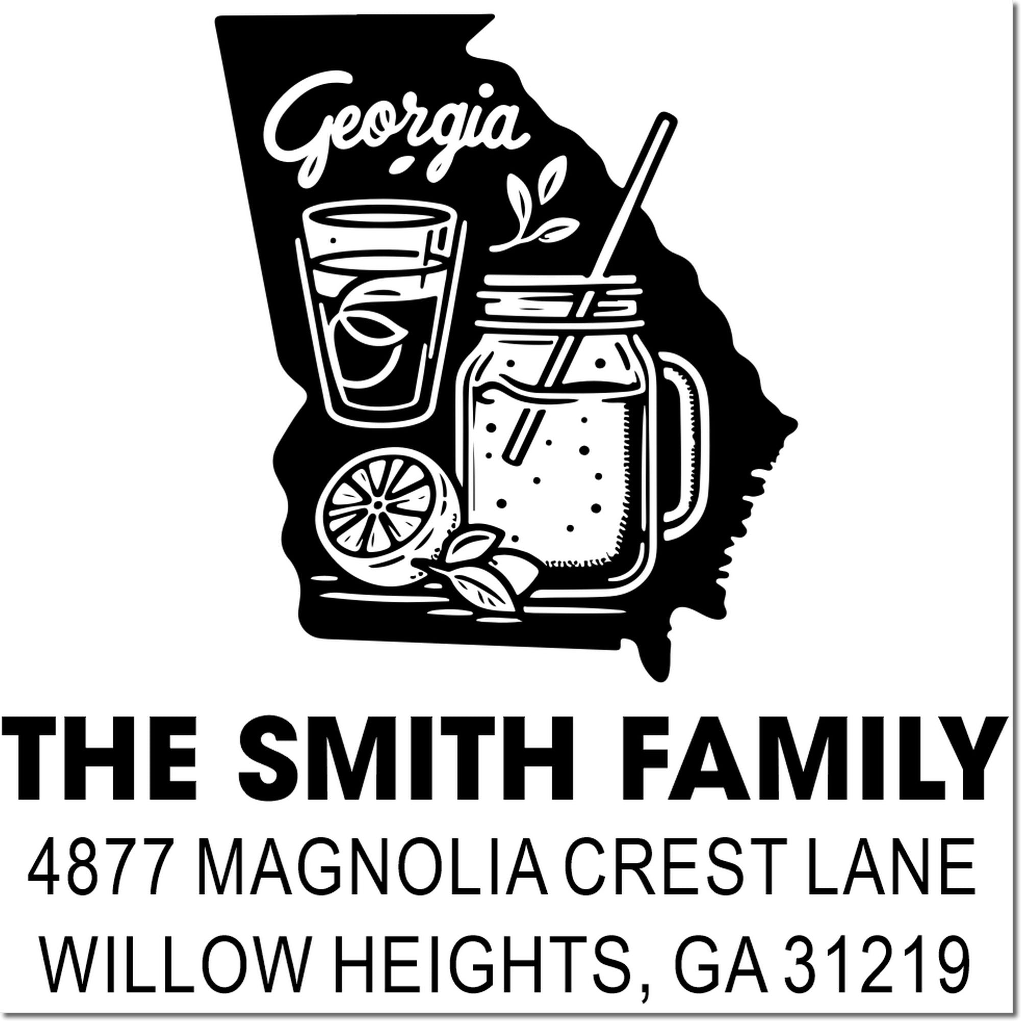 Personalized Georgia return address rubber stamp for The Smith Family with mason jar drink design, Willow Heights, GA.