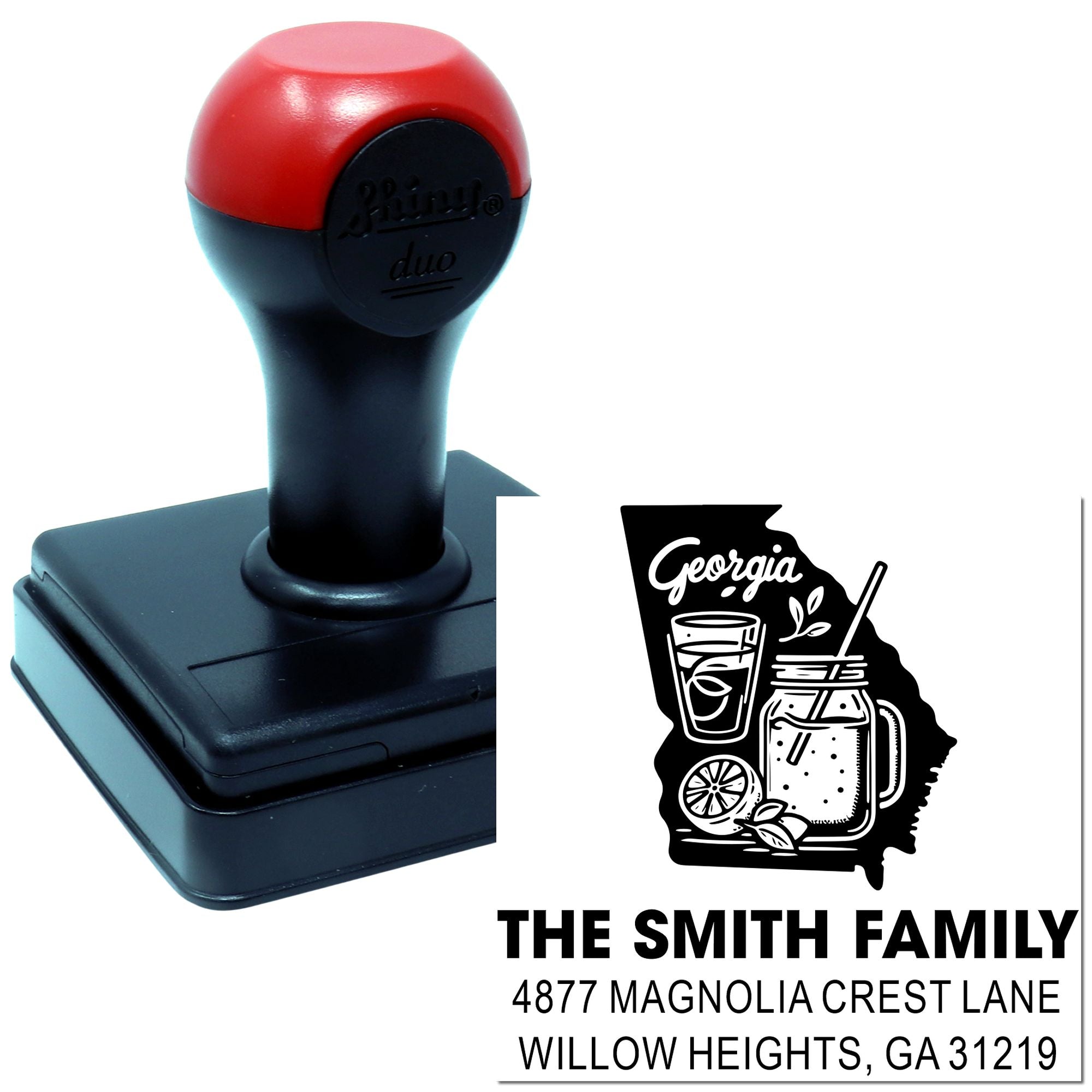 Personalized Georgia return address rubber stamp with family name, address, and state-themed design