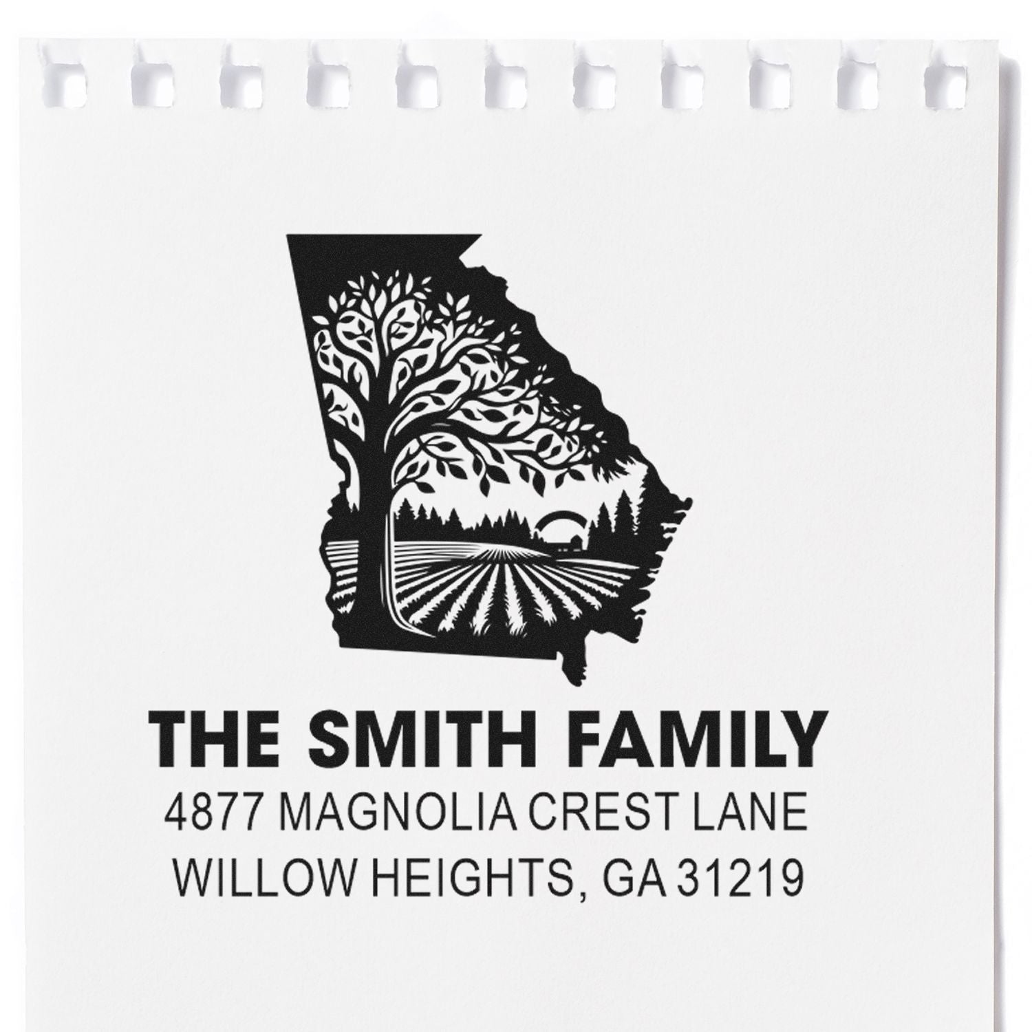 Personalized Georgia return address rubber stamp with family name, street address, and scenic tree and farm design.