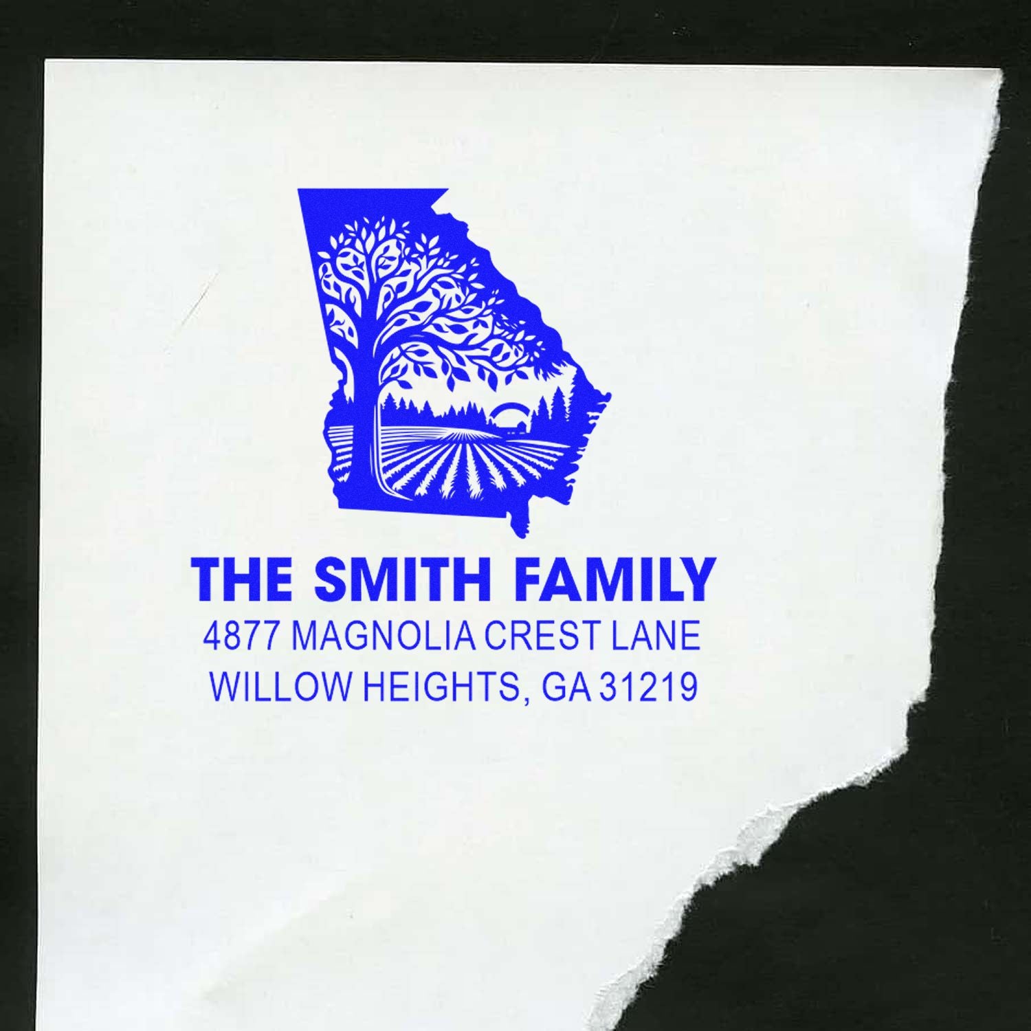 Custom Georgia family address rubber stamp with state silhouette, tree landscape, and The Smith Family mailing address.