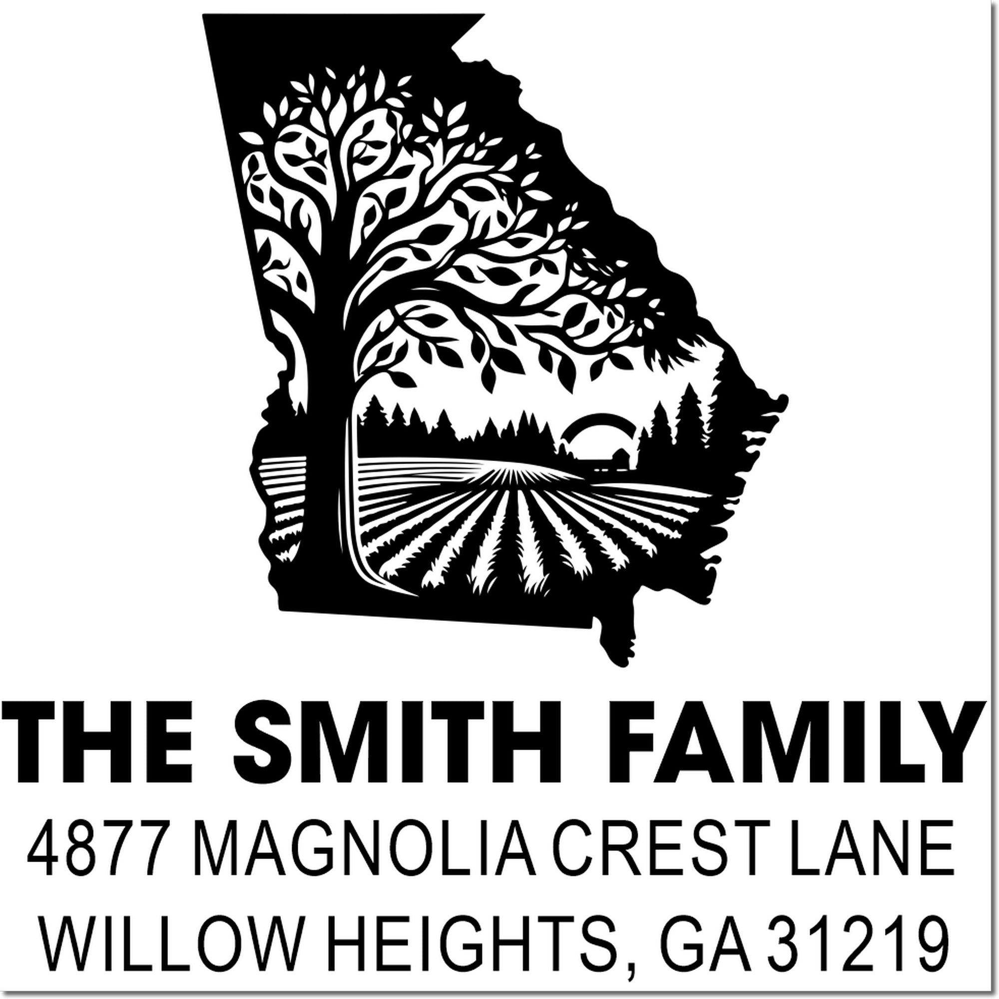 Custom Georgia family address rubber stamp with The Smith Family, Magnolia Crest Lane, and scenic tree farm design.