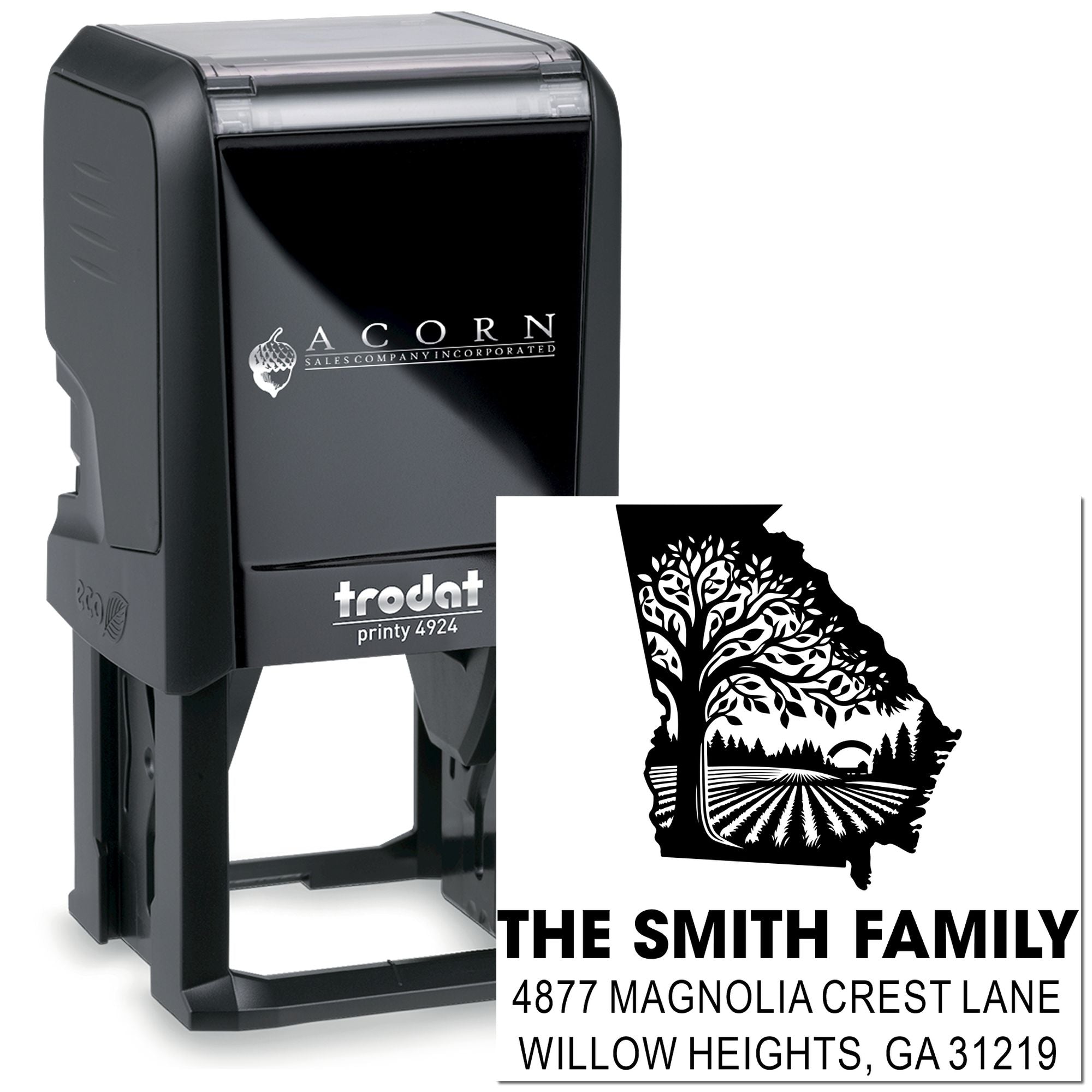 Custom self-inking rubber stamp with family return address, Georgia tree design, and Trodat Printy 4924 stamp.
