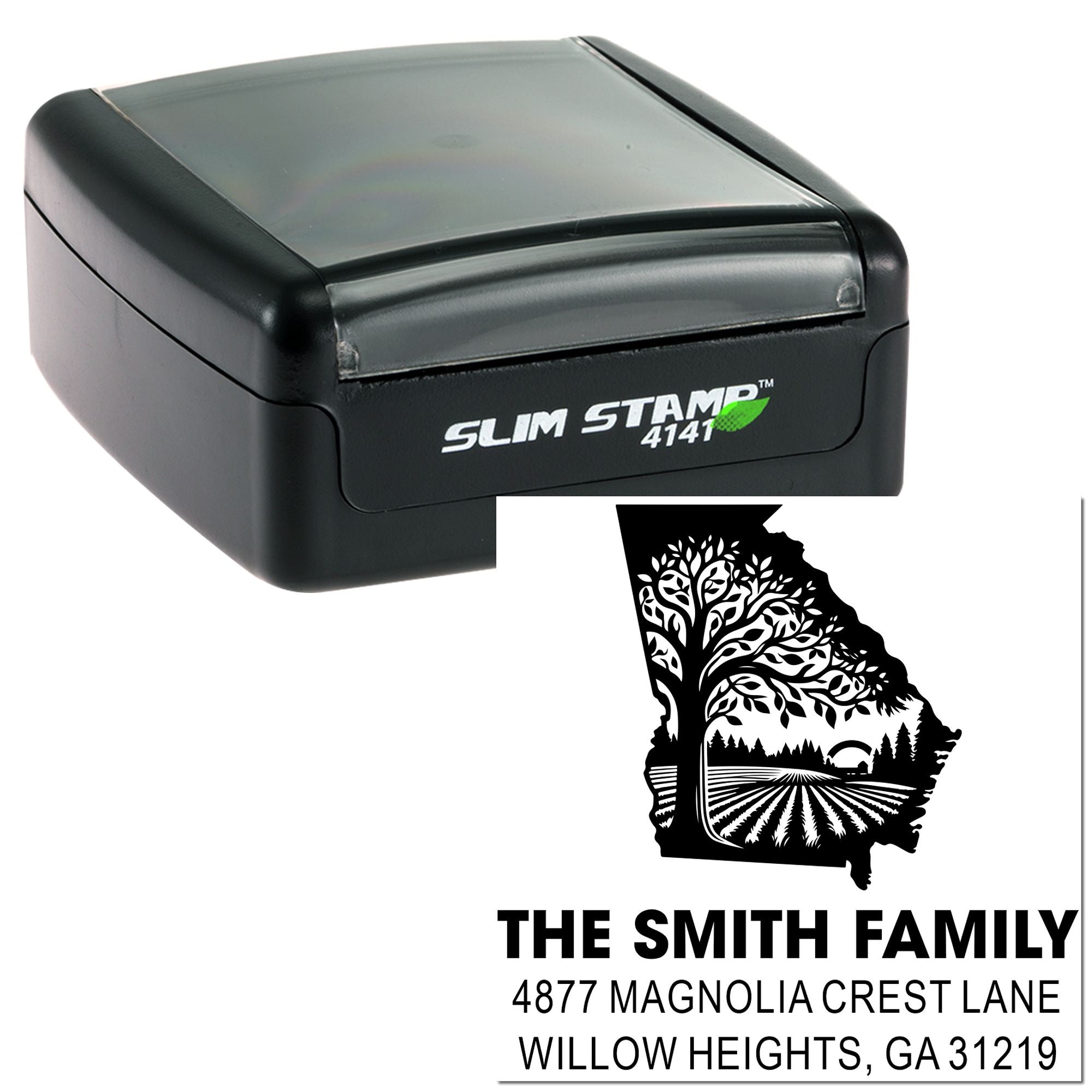 Custom self-inking rubber stamp with Georgia state tree design and Smith family address for personalized mailing labels.