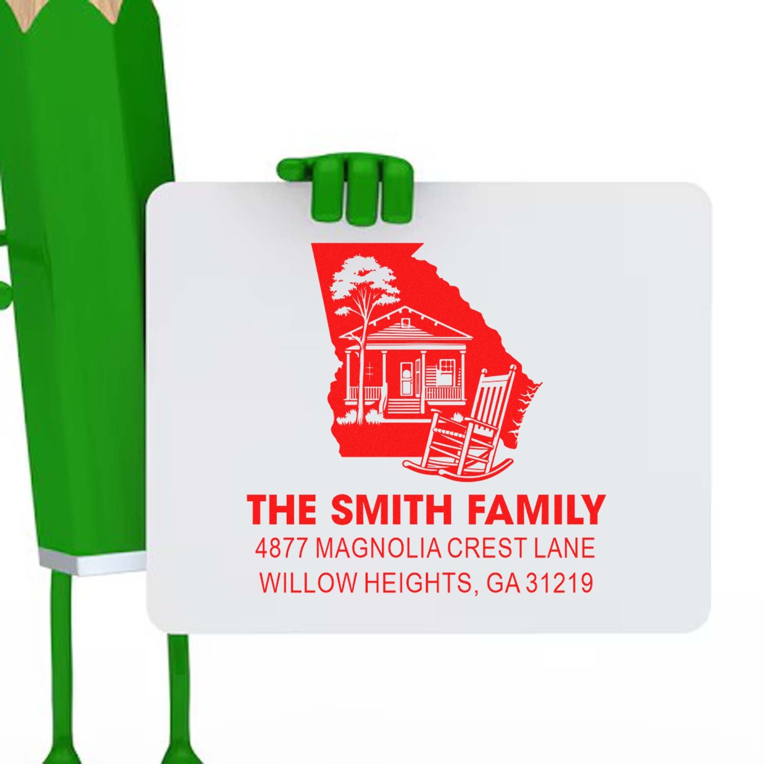 Personalized return address rubber stamp with Georgia house silhouette, The Smith Family name, and Willow Heights, GA address.