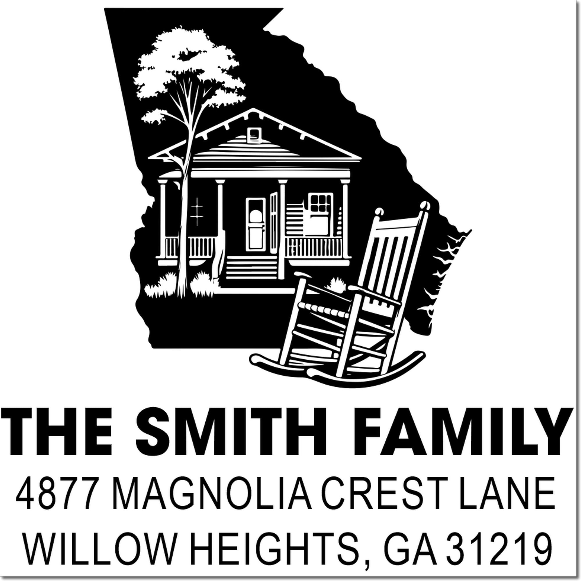 Custom family return address rubber stamp with Georgia home design, The Smith Family, Magnolia Crest Lane, Willow Heights, GA 31219