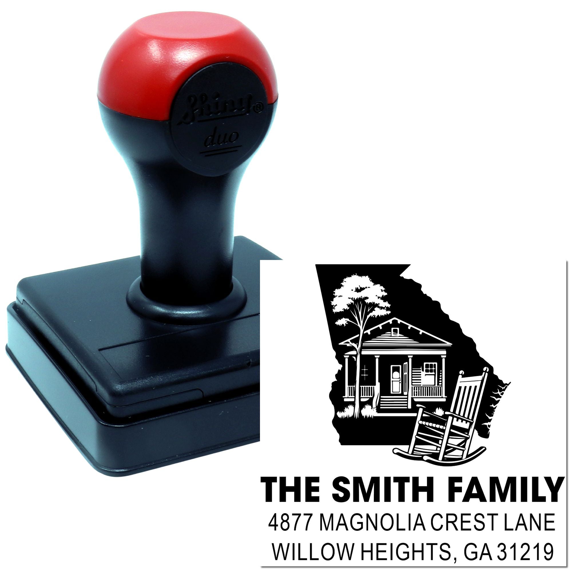 Custom self-inking rubber address stamp with family home design for personalized mailings and return addresses.