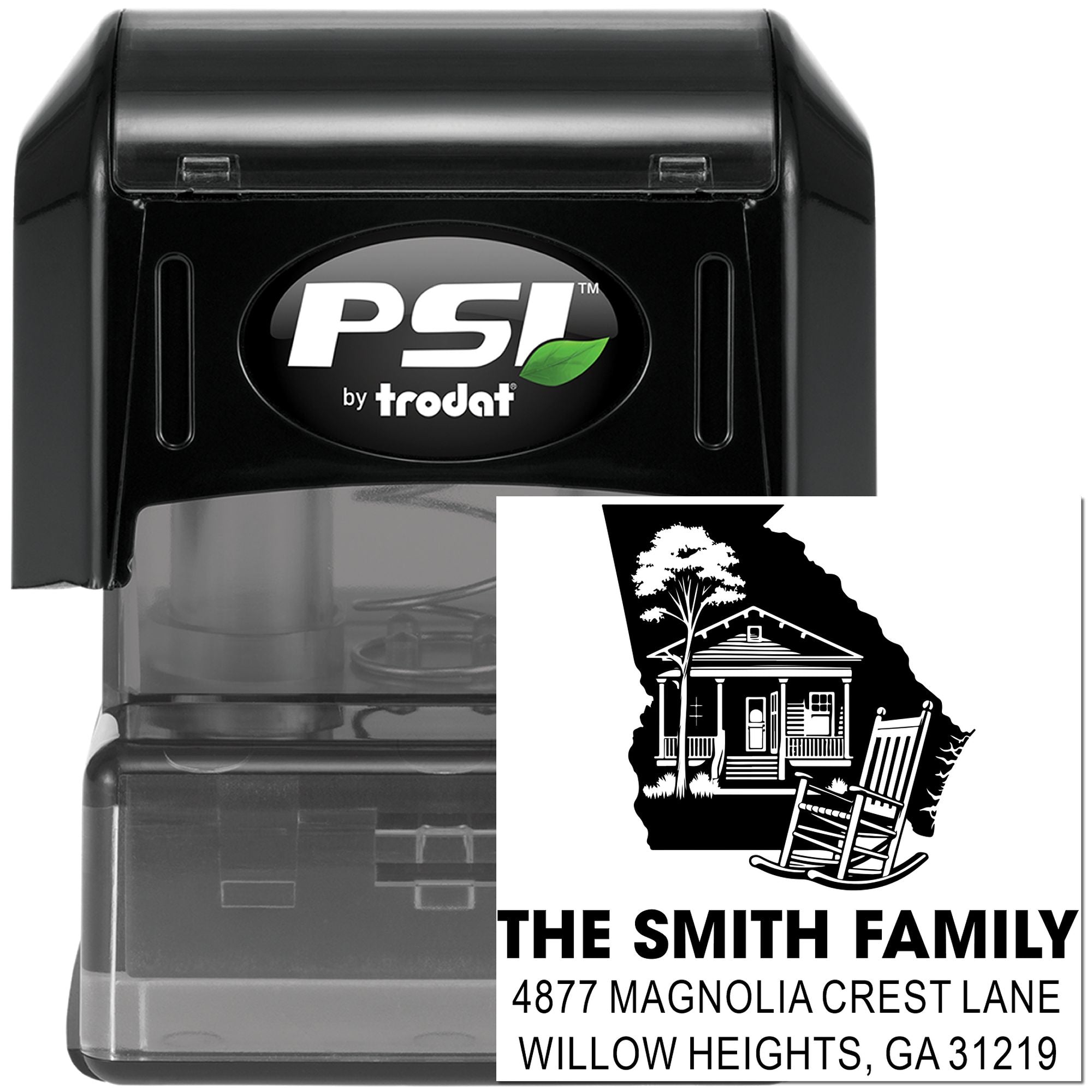 Custom self-inking rubber return address stamp for The Smith Family, with house and rocking chair design by PSI by Trodat