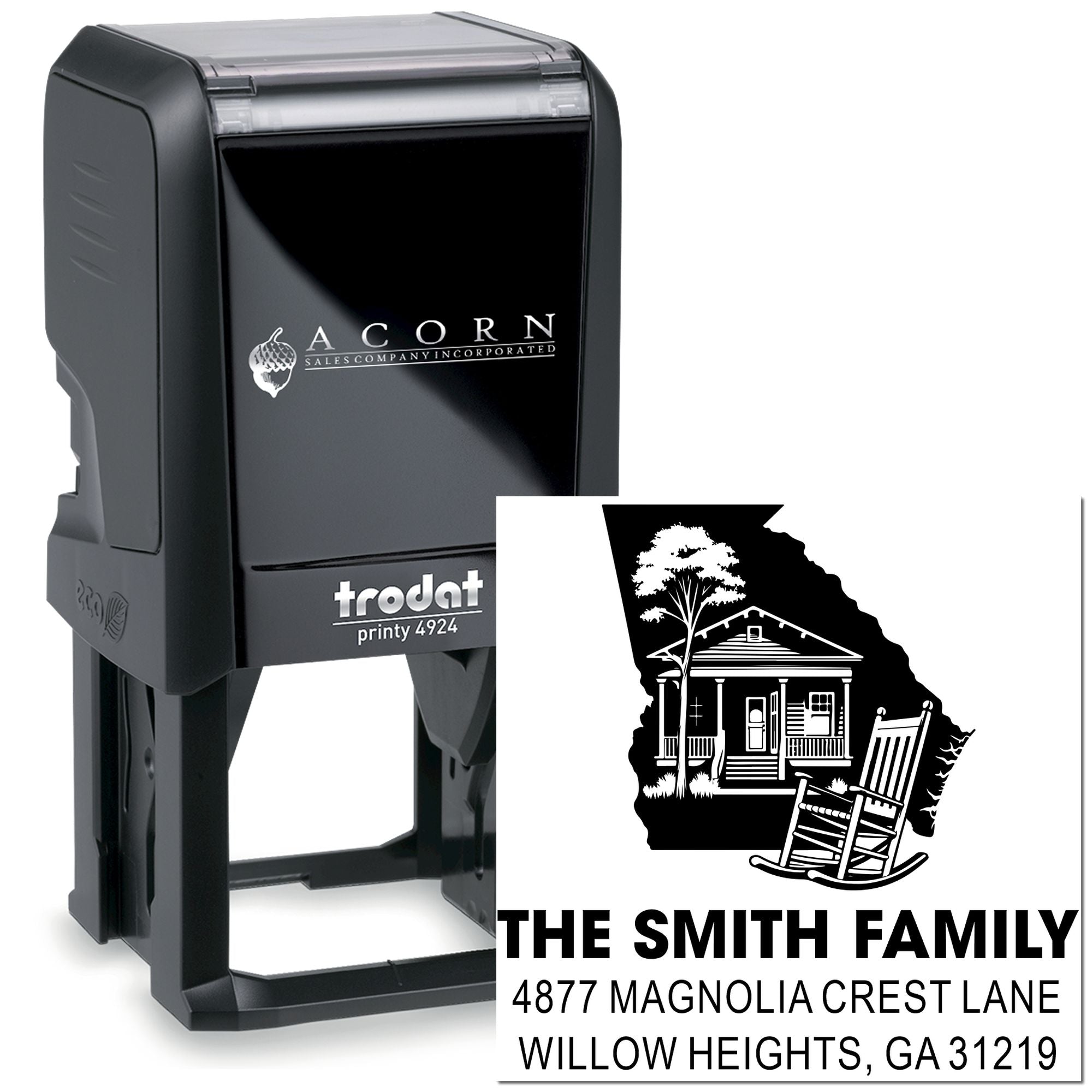 Trodat Printy 4924 self-inking custom rubber address stamp with family home design for The Smith Family return mail.