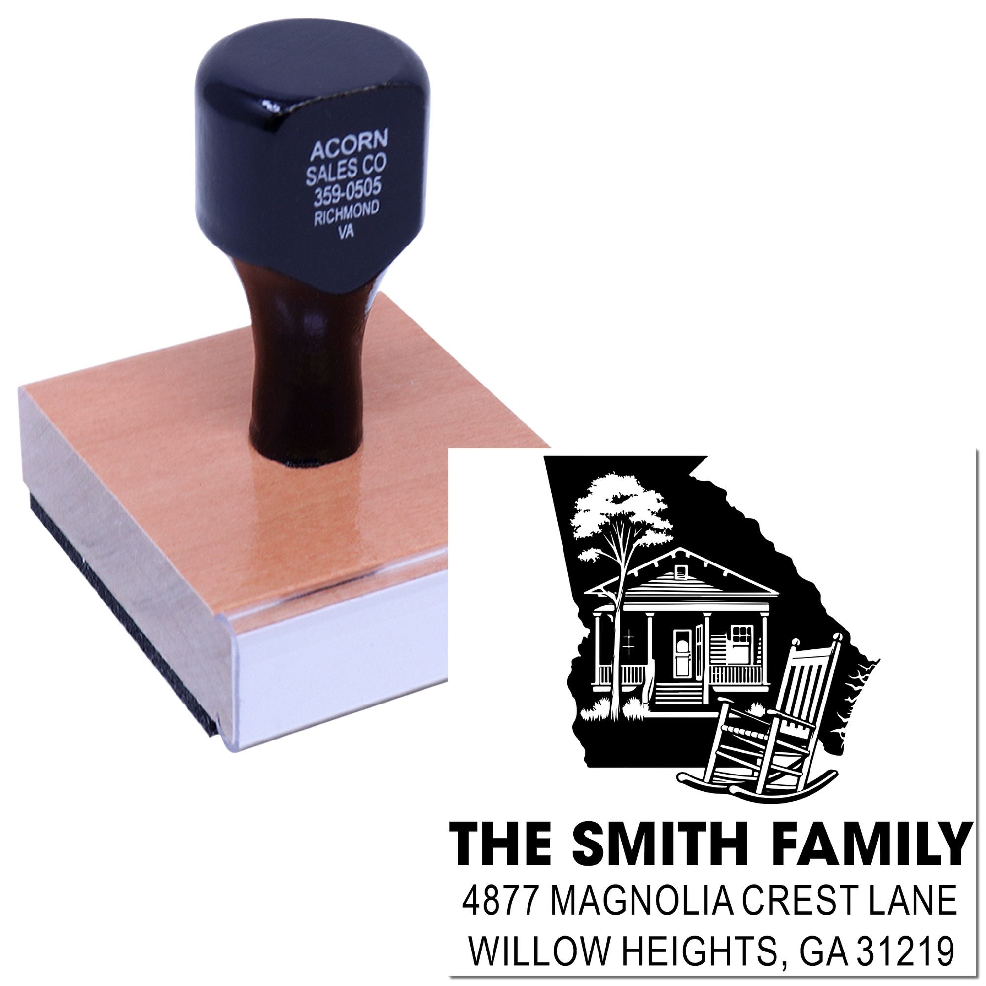 Custom rubber address stamp with family name and return address imprint for personalized mailing and correspondence.