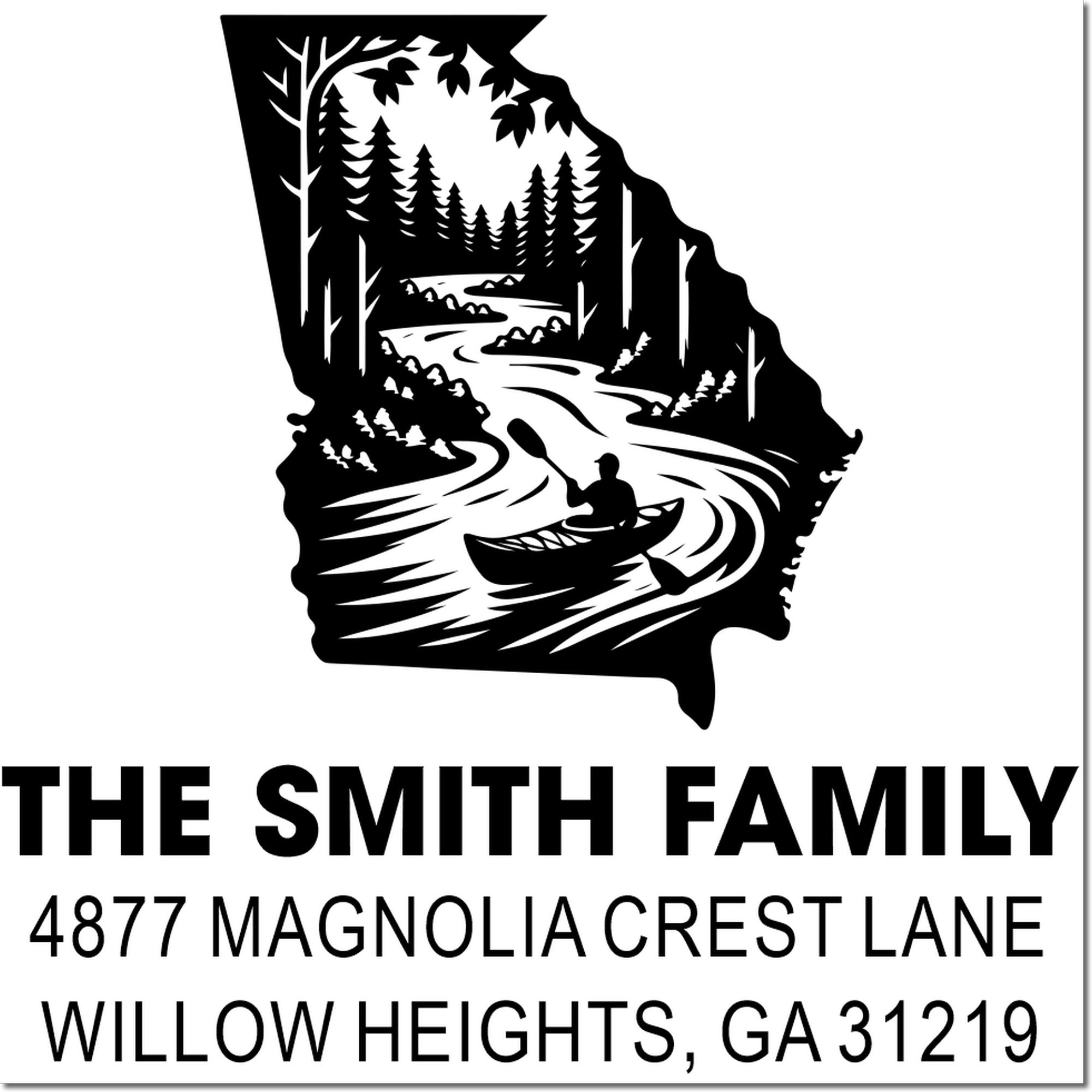 Custom Georgia river canoe family return address rubber stamp for The Smith Family, 4877 Magnolia Crest Lane, Willow Heights, GA 31219