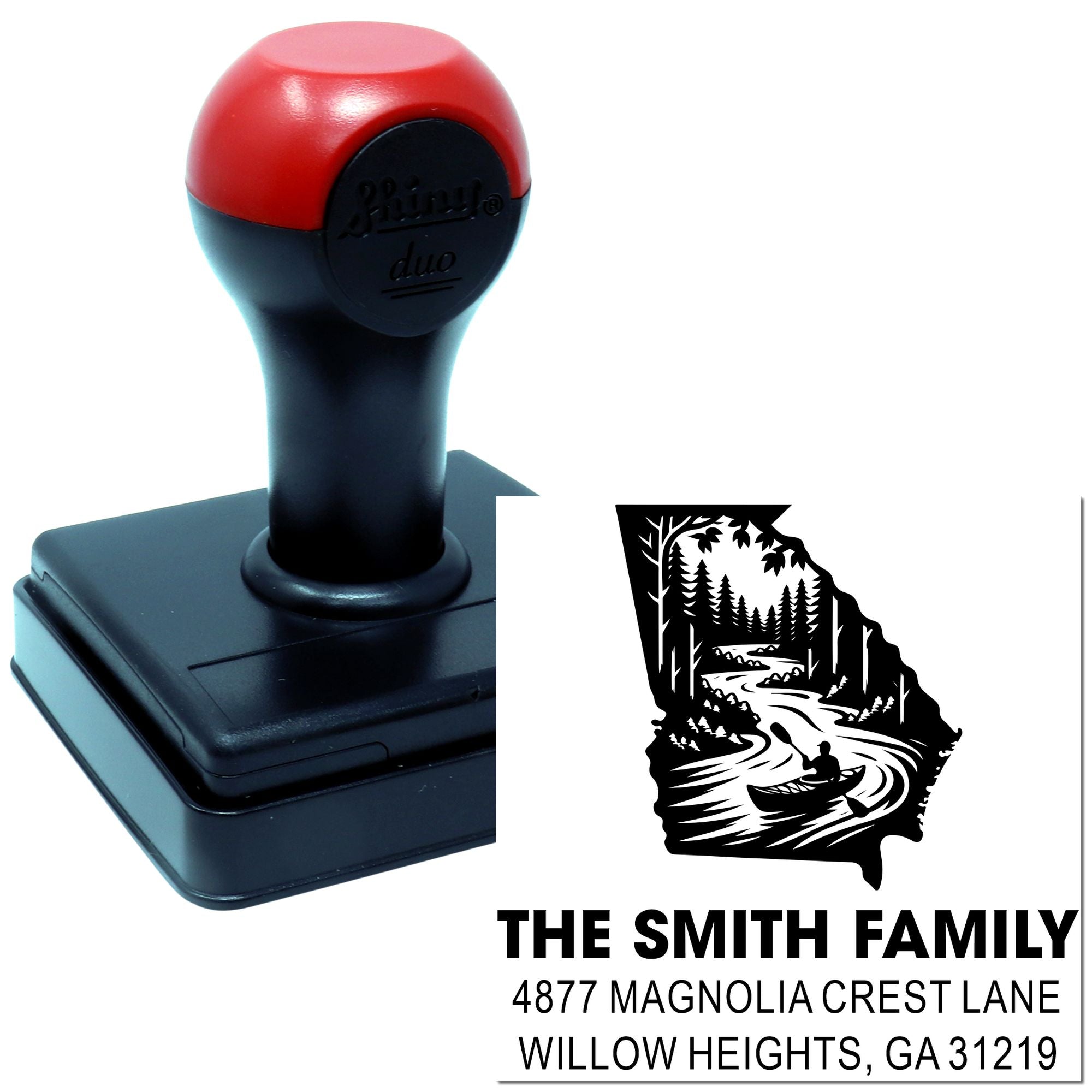 Custom self-inking return address rubber stamp with family name, address and river kayaking design.