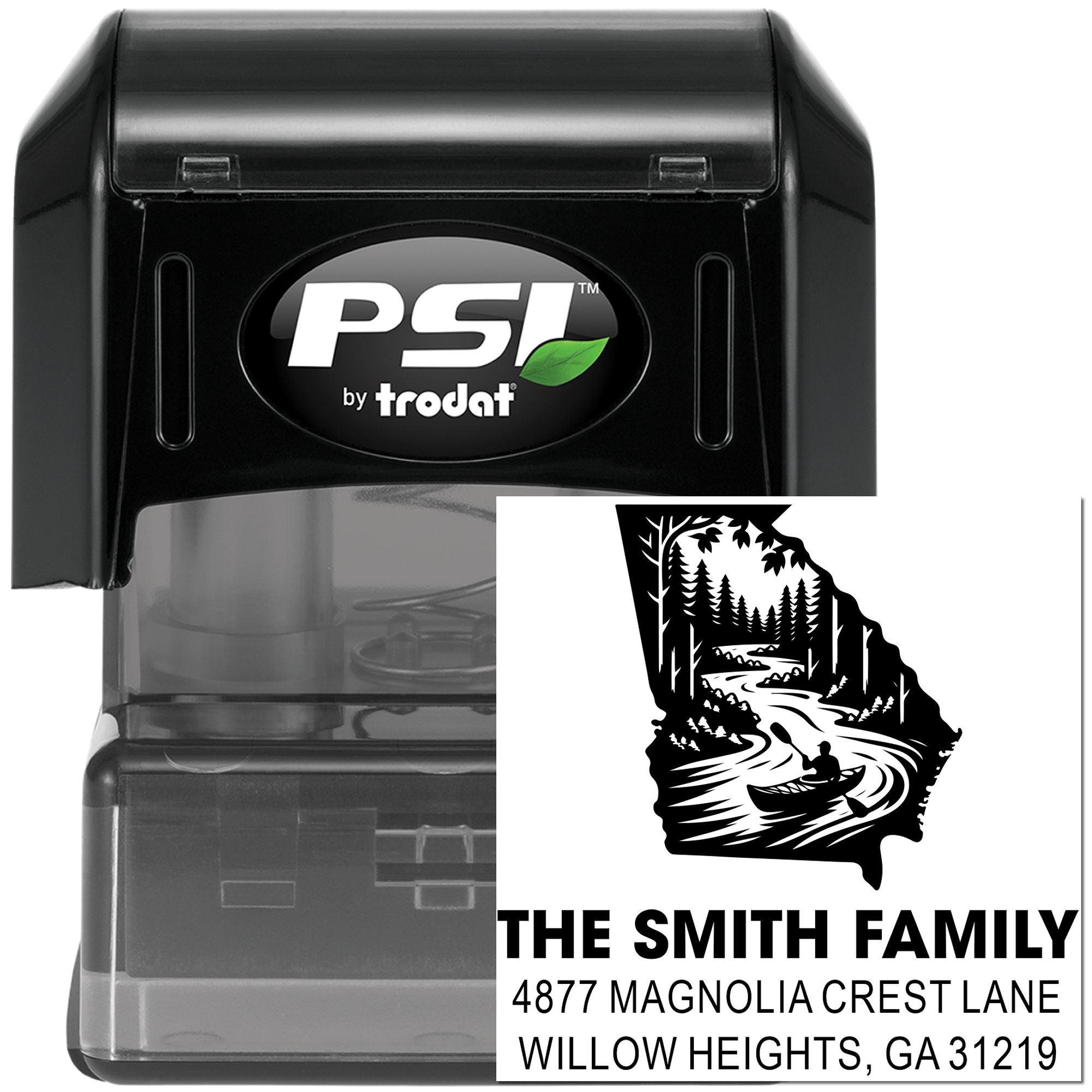 Custom self-inking rubber address stamp by PSI/Trodat with family name, canoe scene, and personalized return address.