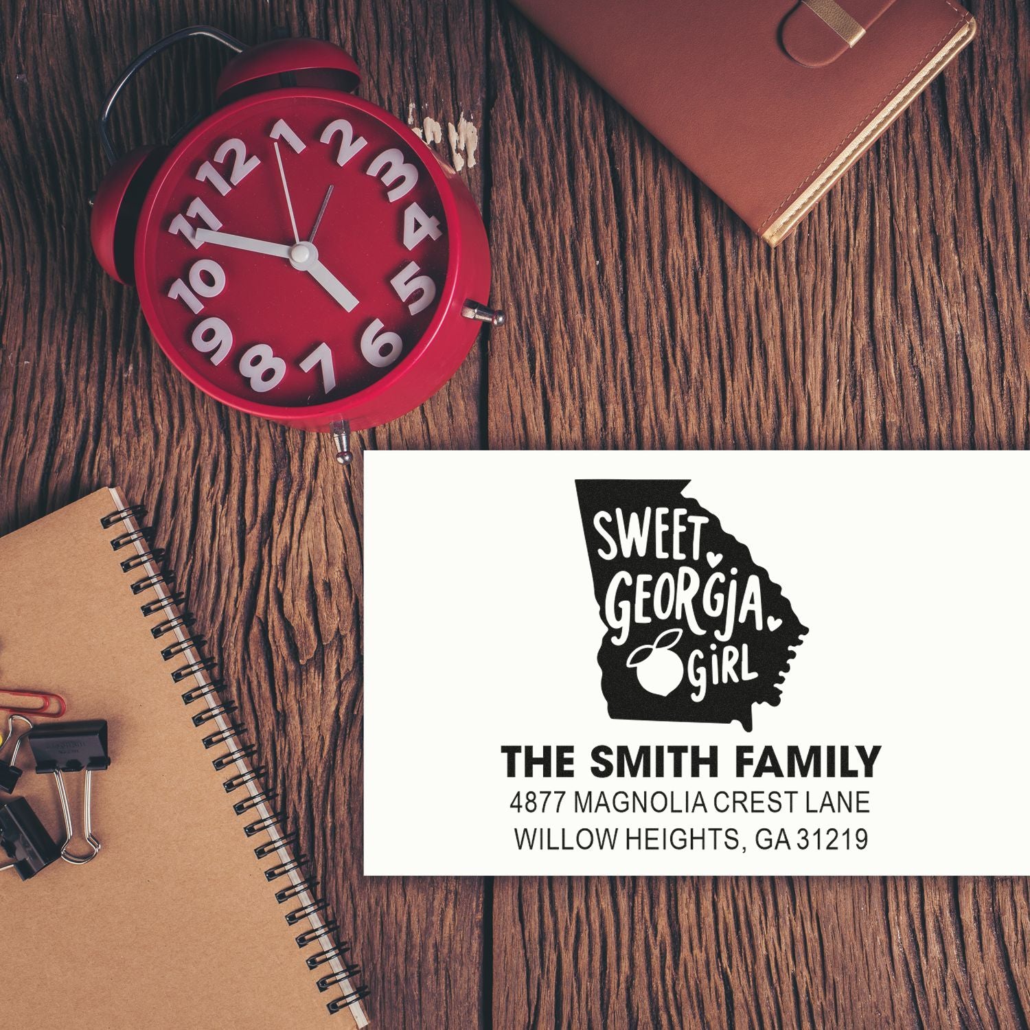 Personalized address rubber stamp design with Georgia silhouette, Sweet Georgia Girl, and The Smith Family name.
