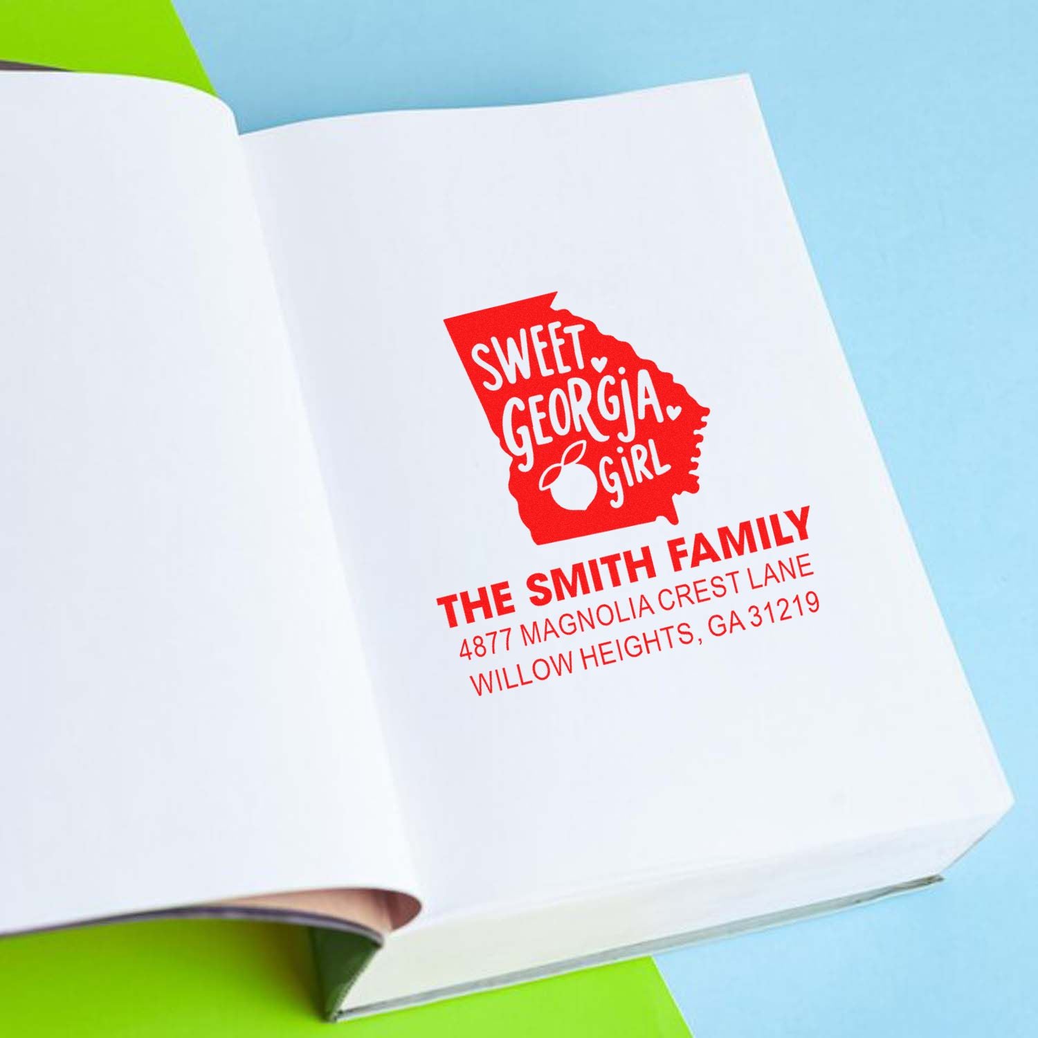 Custom return address rubber stamp for The Smith Family, featuring a Sweet Georgia Girl design.