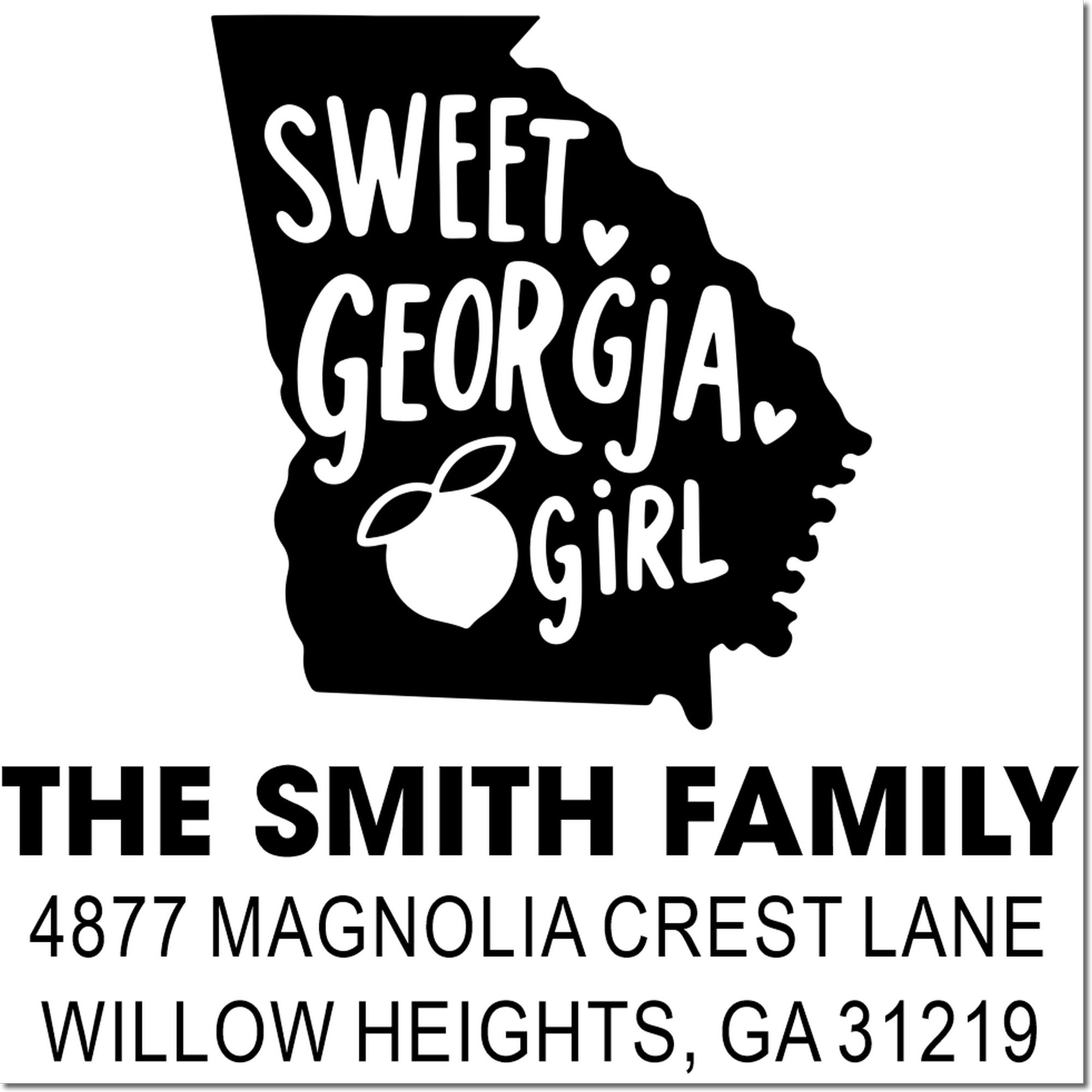 Custom Georgia return address rubber stamp with Sweet Georgia Girl design, peach icon, and Smith family address