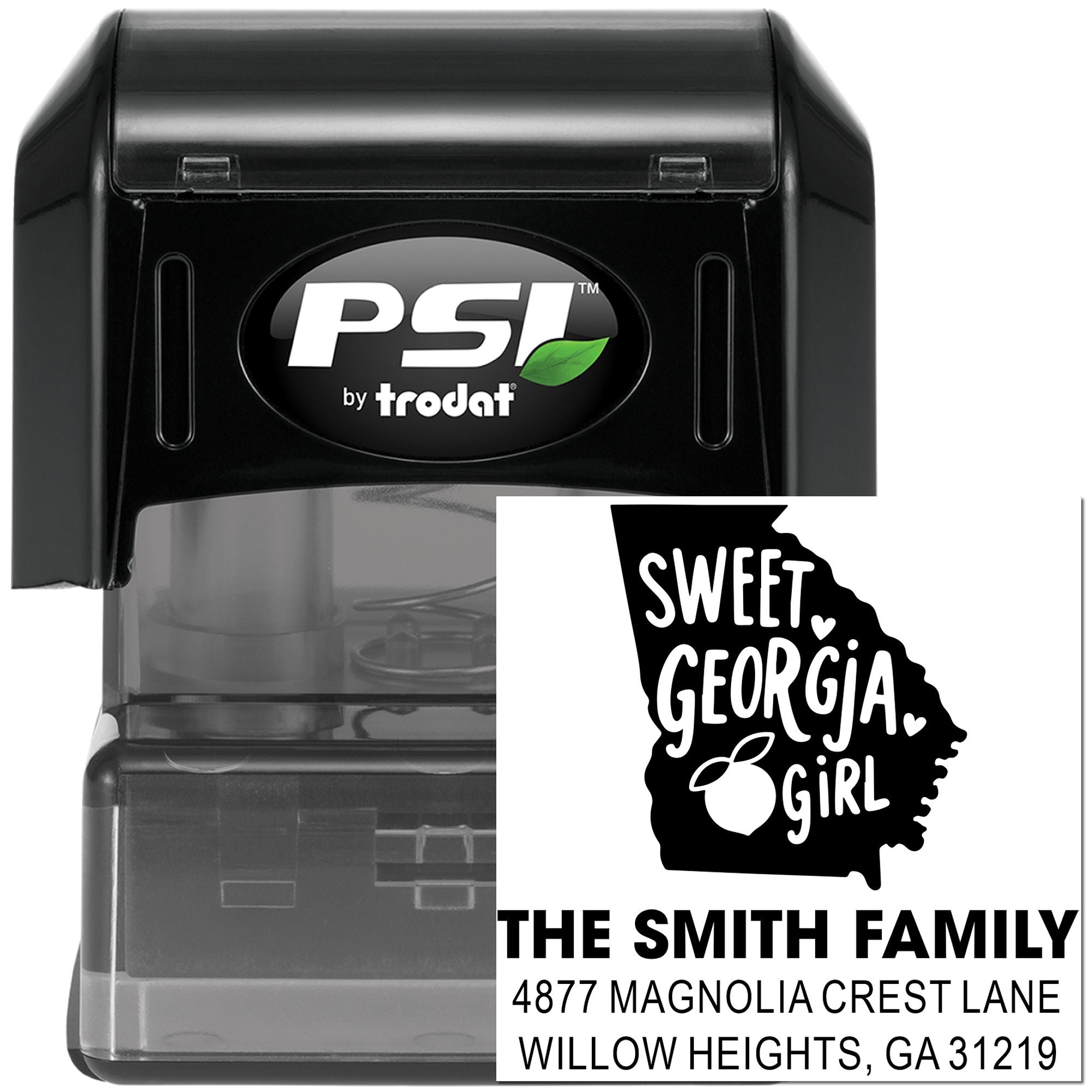 PSI by Trodat custom self-inking rubber stamp with Sweet Georgia Girl Georgia design and Smith family return address