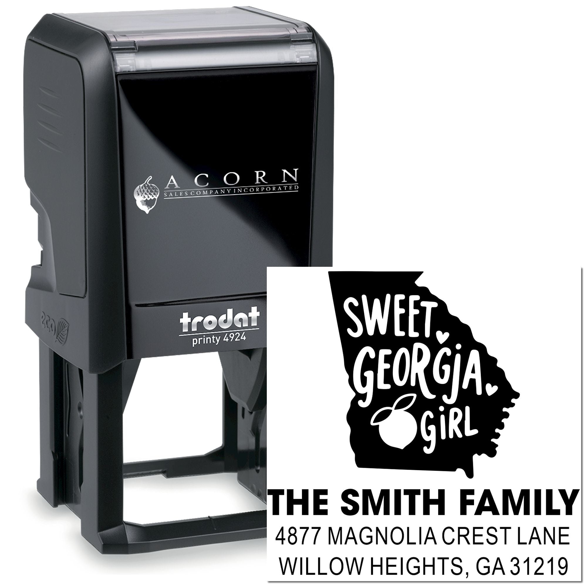 Custom self-inking rubber address stamp with Georgia state design and The Smith Family return address imprint.