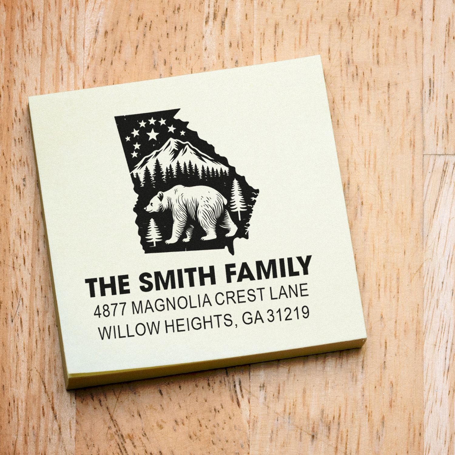 Personalized family return address rubber stamp with Georgia bear and mountain design for mailing, cards, and stationery.