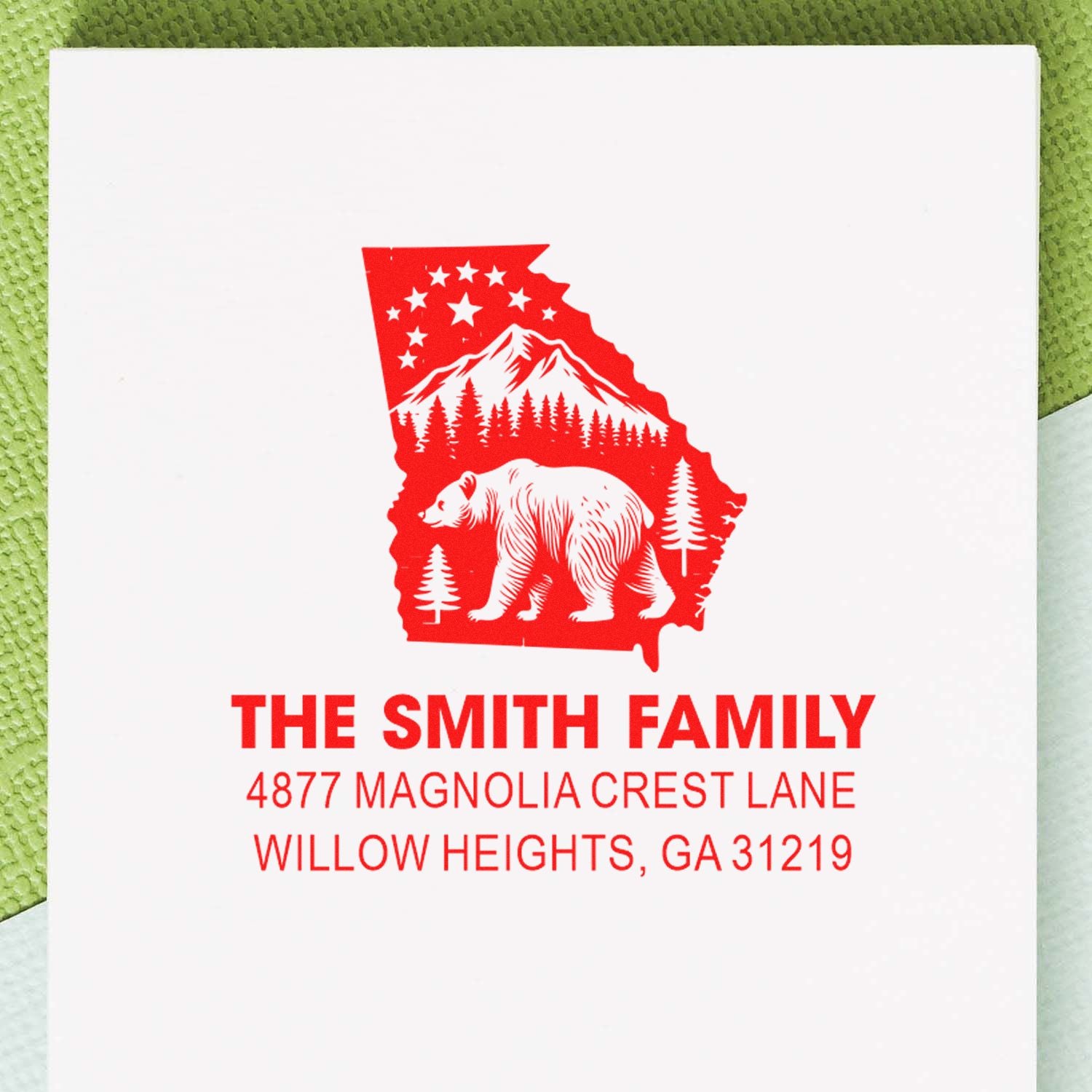 Custom Georgia family return address rubber stamp with bear and mountain design for The Smith Family, Willow Heights, GA 31219